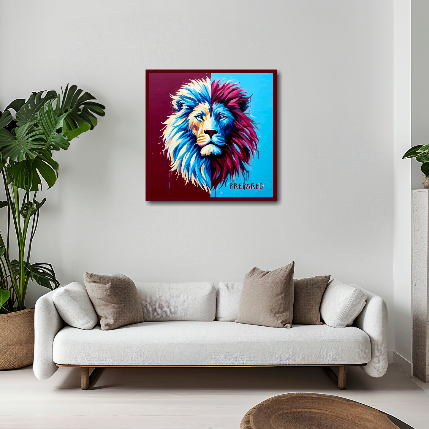 Aston Villa inspired canvas print. A colourful lion head artwork with 'PREPARED' text in the bottom right corner. On a split claret and blue background. Hanging on a white wall above a white sofa.