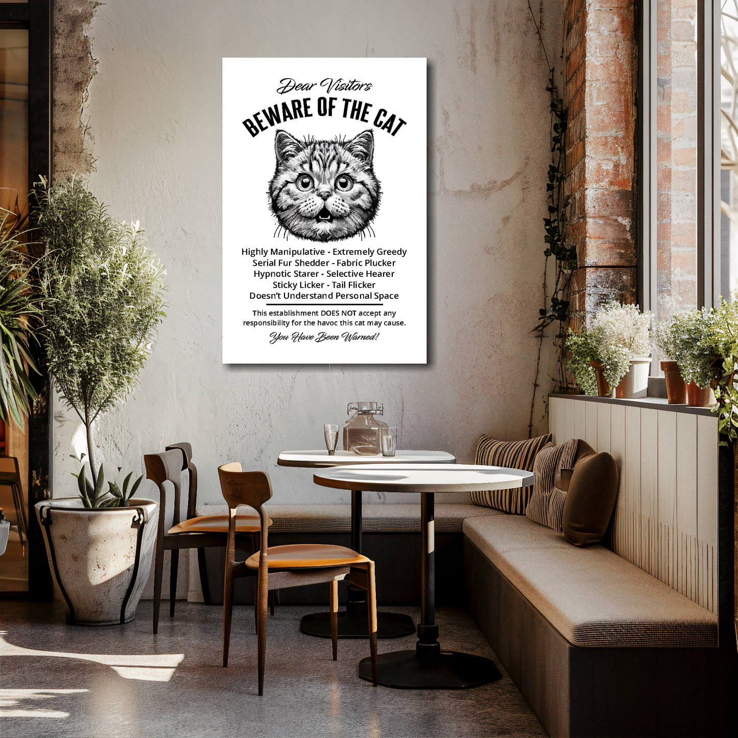 24 inch by 36 inch canvas print of a funny British Shorthair 'Beware of the cat' notice. Mounted on a cream cafe wall above a tables and chairs.