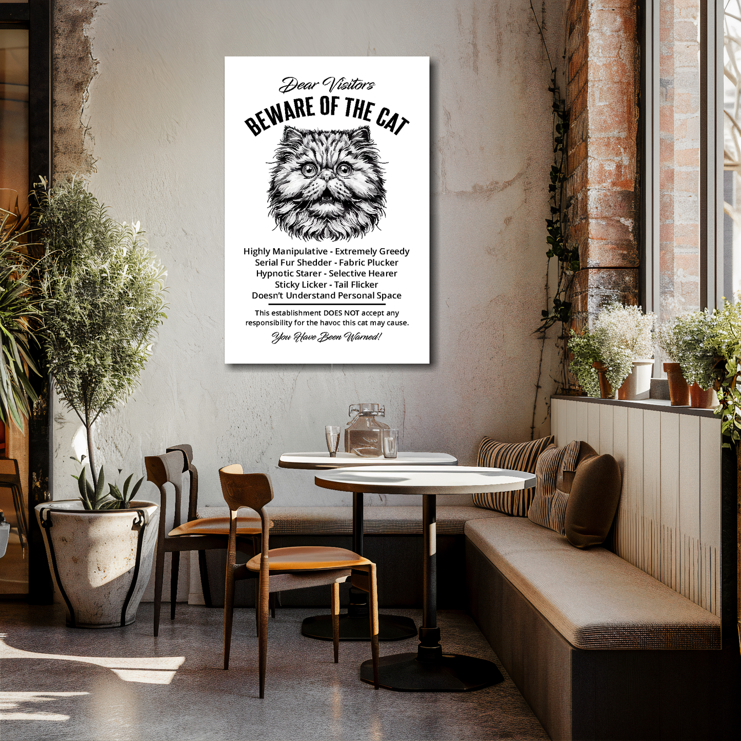 24 inch by 36 inch canvas print of a funny Persian 'Beware of the cat' notice. Mounted on a cream cafe wall above tables and chairs.