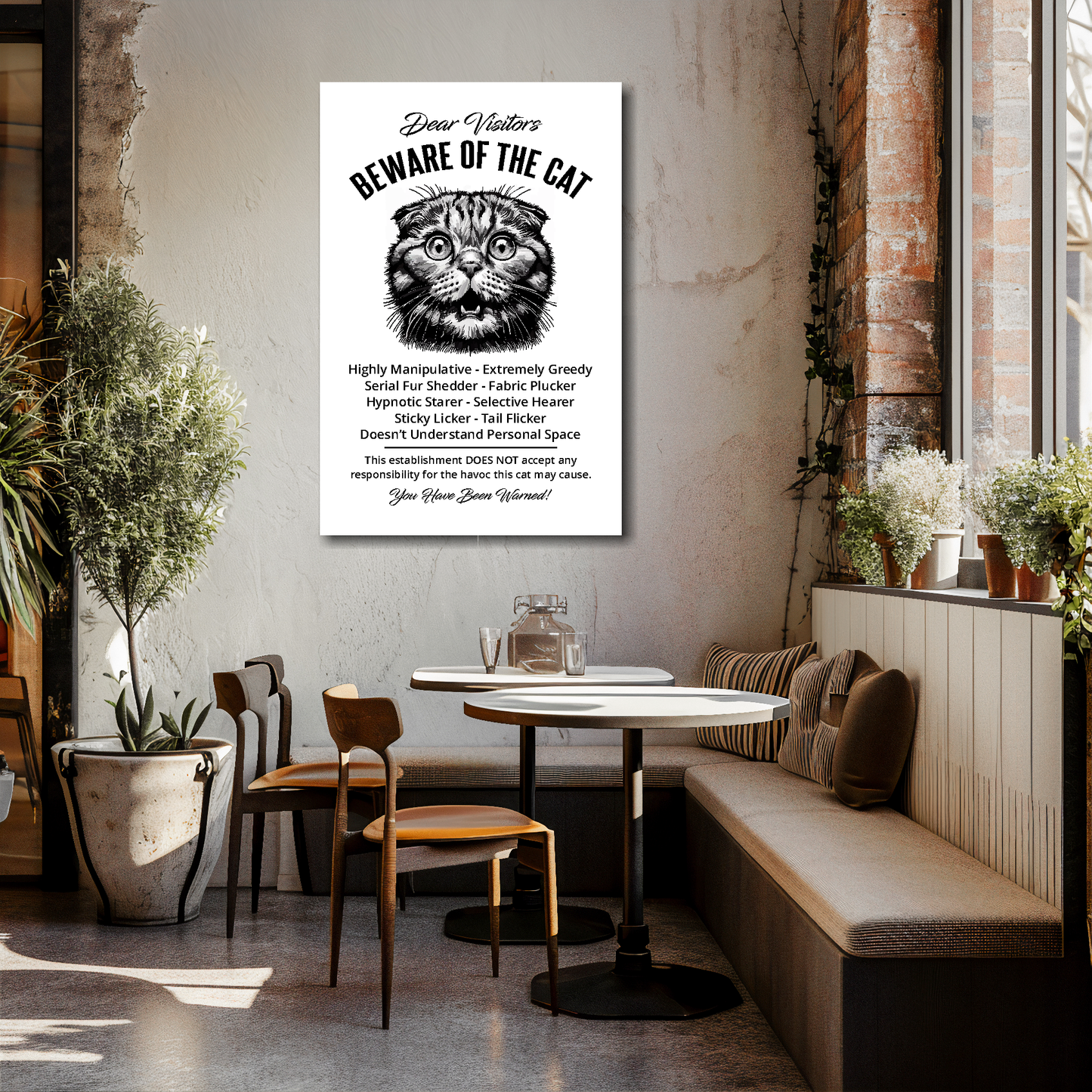 24 inch by 36 inch canvas print of a funny Scottish Fold 'Beware of the cat' notice. Mounted on a cream cafe wall above tables and chairs.