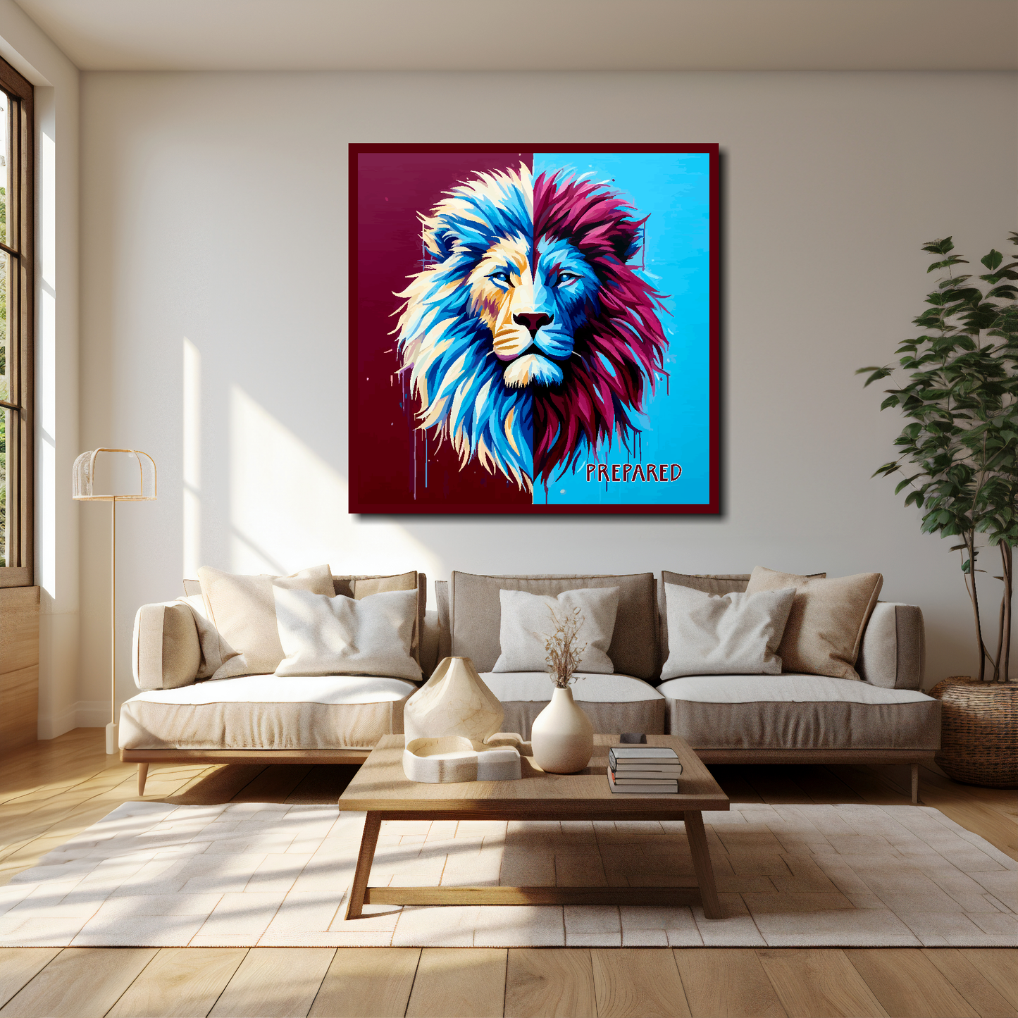Aston Villa inspired canvas print. A colourful lion head artwork with 'PREPARED' text in the bottom right corner. On a split claret and blue background. Hanging on a cream wall above a cream sofa.