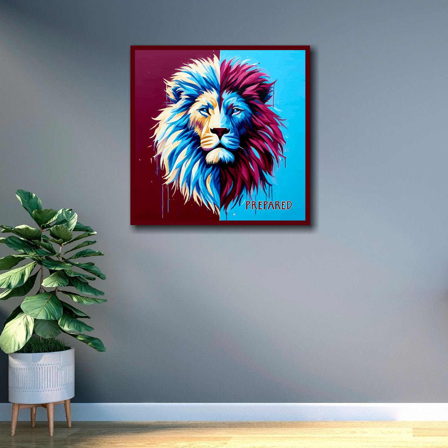 Aston Villa inspired canvas print. A colourful lion head artwork with 'PREPARED' text in the bottom right corner. On a split claret and blue background. Hanging on a grey wall.