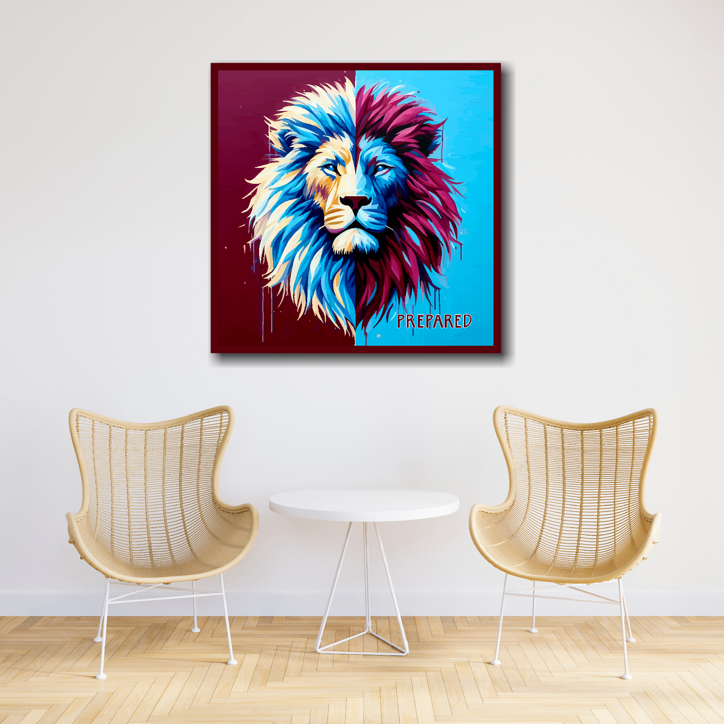 Aston Villa inspired canvas print. A colourful lion head artwork with 'PREPARED' text in the bottom right corner. On a split claret and blue background. Hanging on a cream wall above 2 chairs and a table.