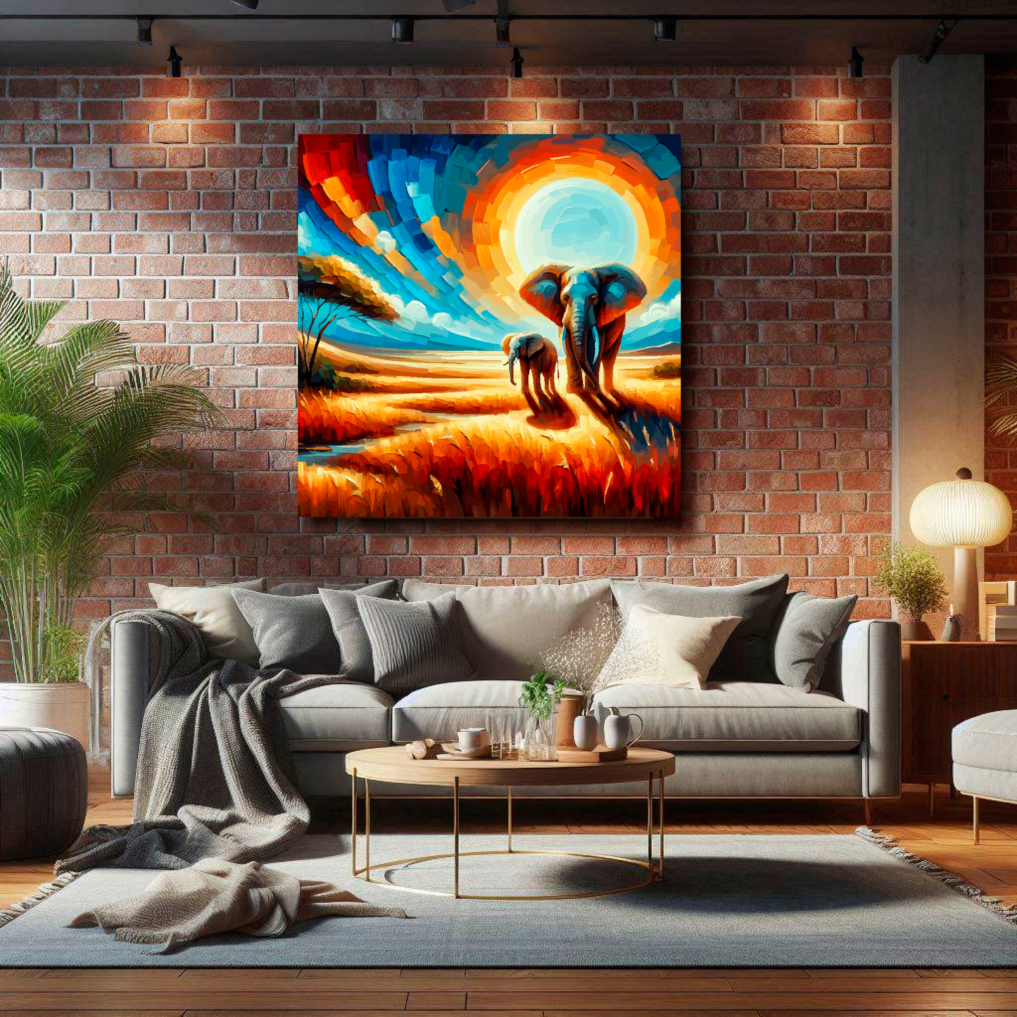 Living room with a gray sofa, coffee table, and colorful abstract painting of elephants on a brick wall.