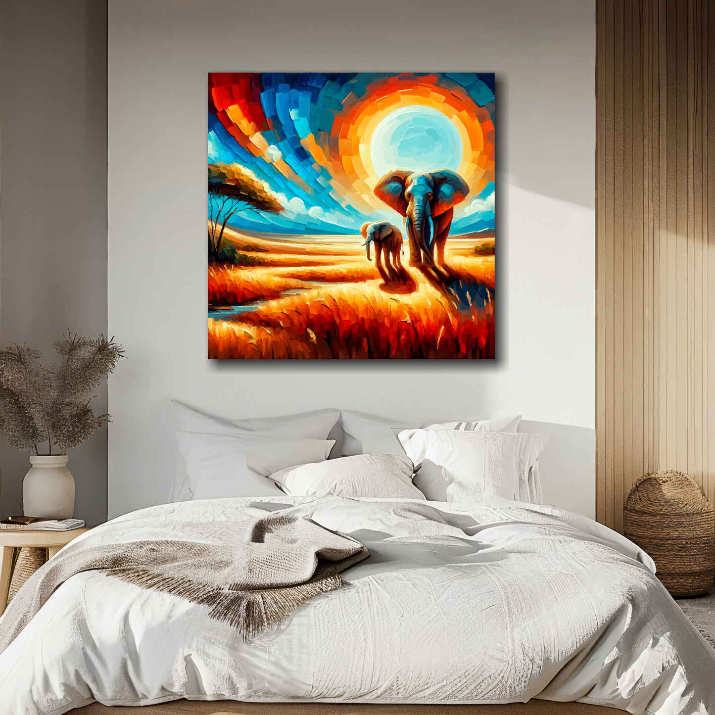 Colourful abstract painting of 2 elephants on a wall above a bed