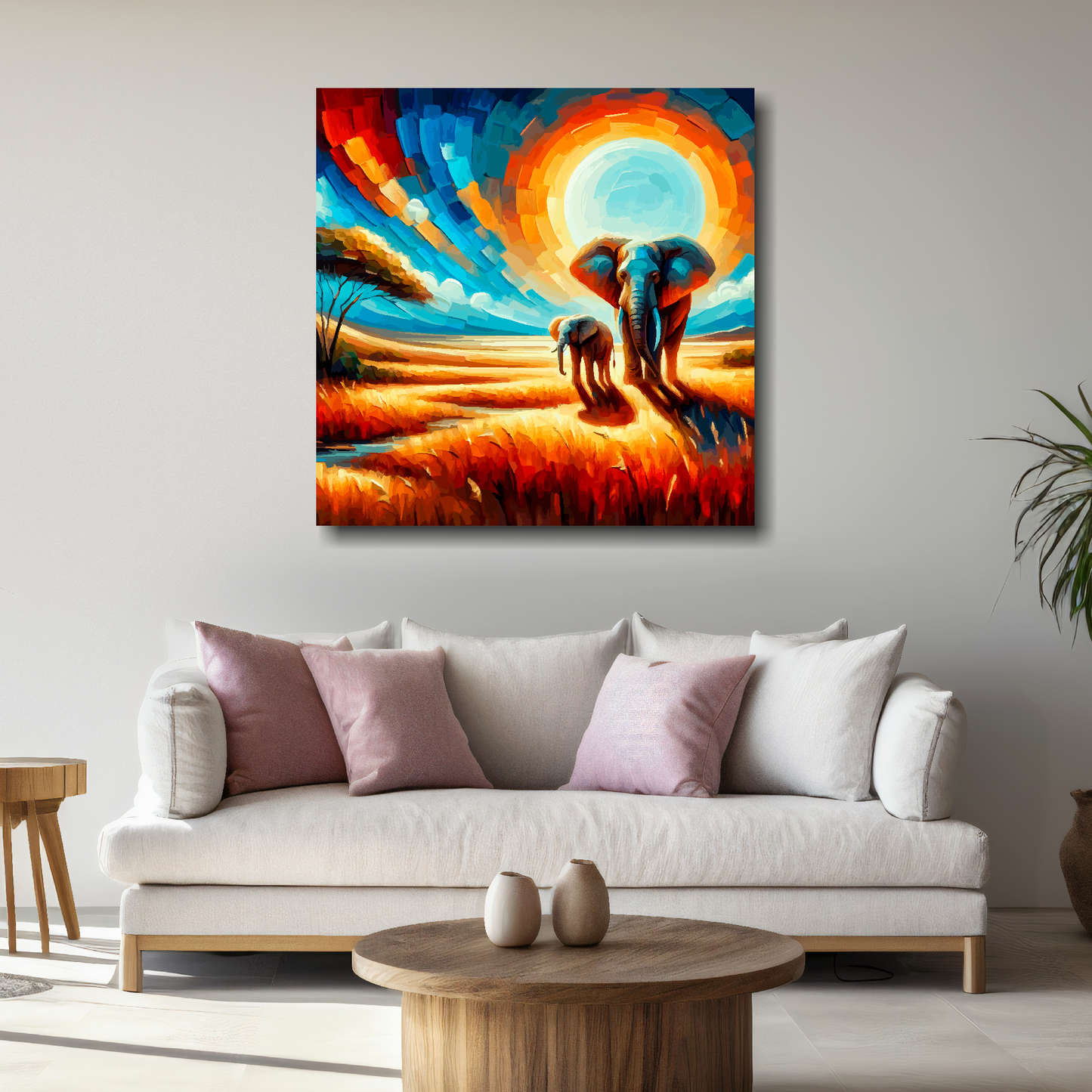 Colourful abstract painting of elephants on a wall above a white sofa with decorative pillows.