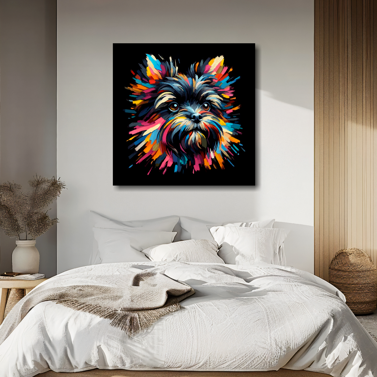 Large canvas wall art - A vibrant multi-coloured head portrait of a Affenpinscher. Available in 3 large sizes.