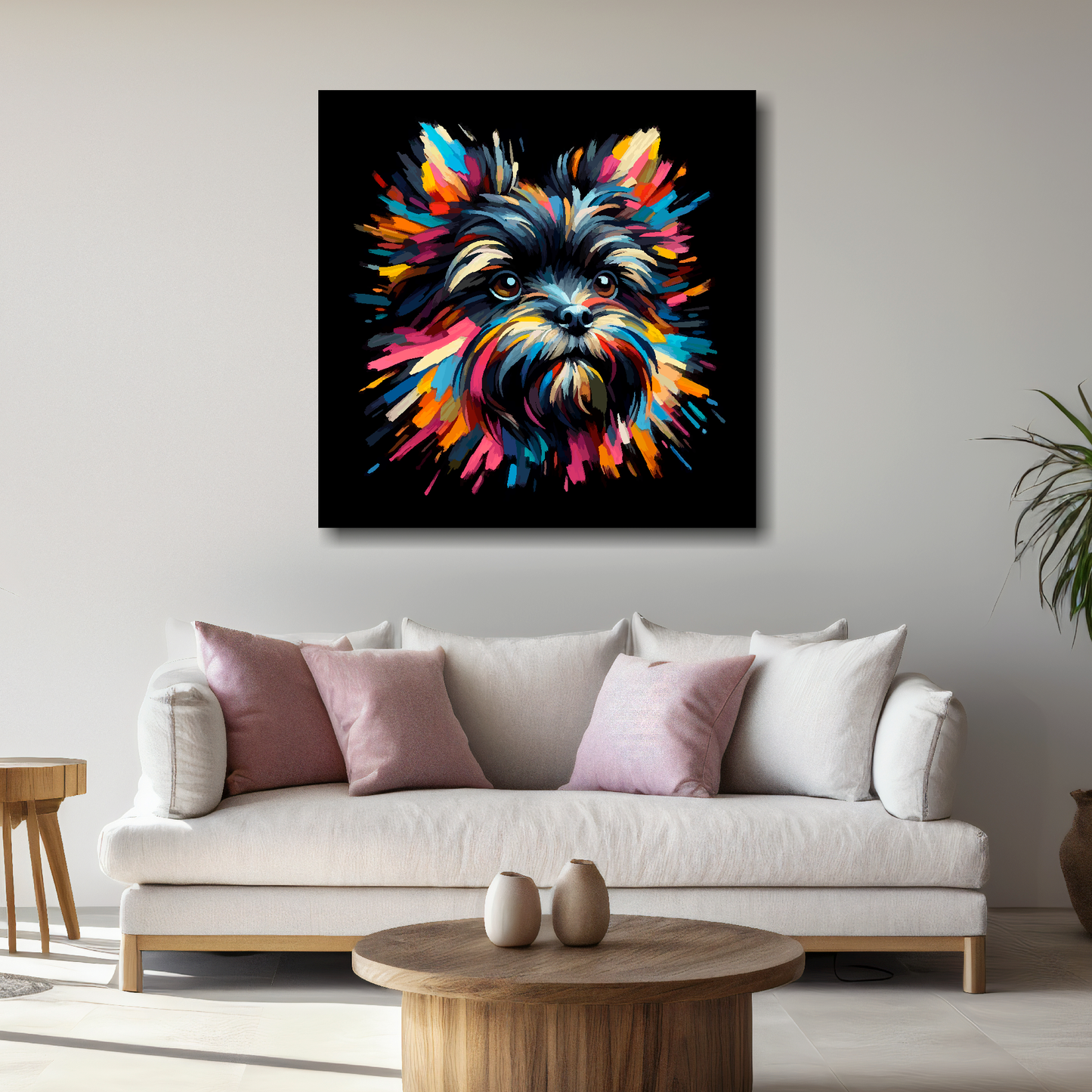 Large canvas wall art - A vibrant multi-coloured head portrait of a Affenpinscher. Available in 3 large sizes.