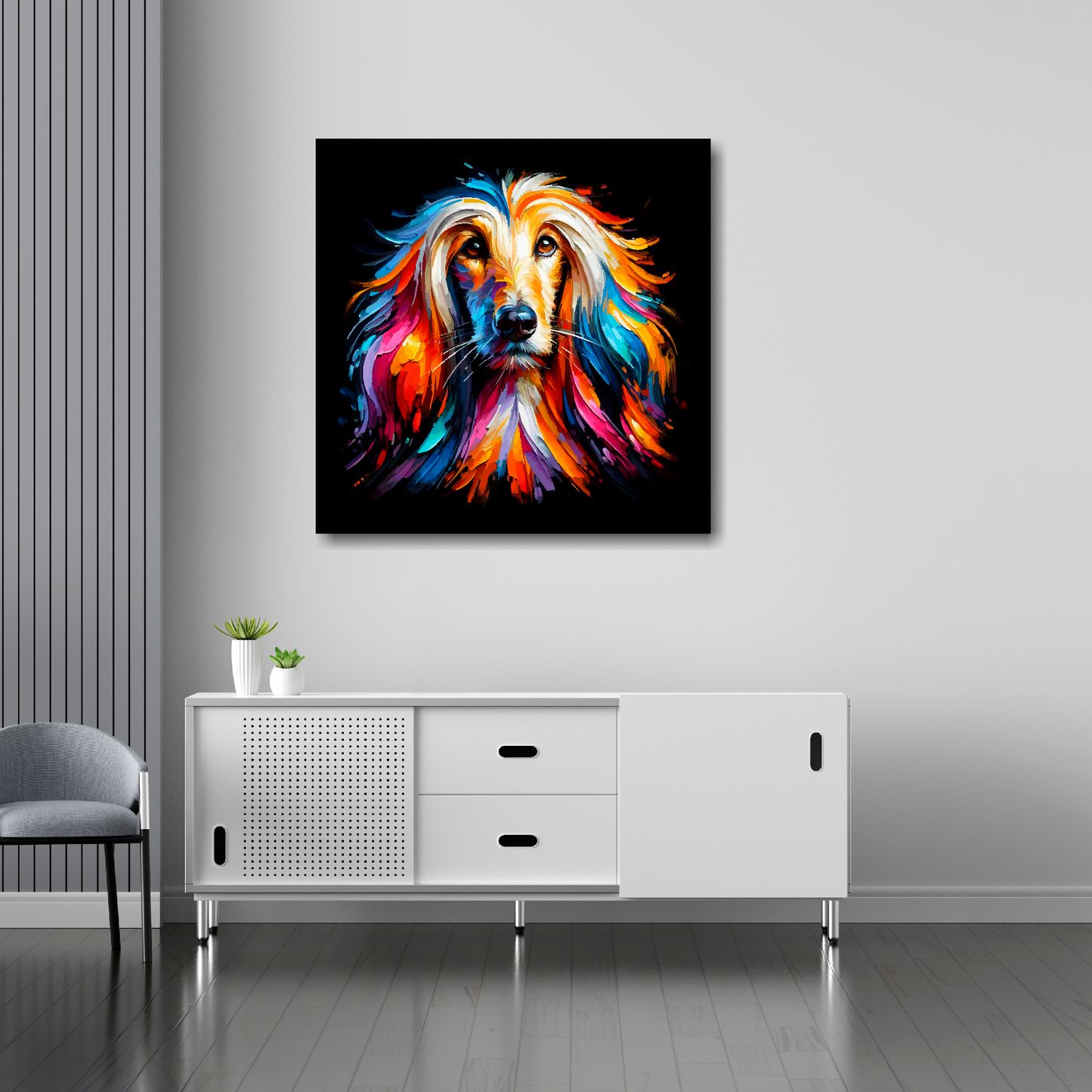 30 inch by 30 inch square canvas of a colourful Afghan Hound head portrait on a black background. Mounted on a white wall above a white sideboard.
