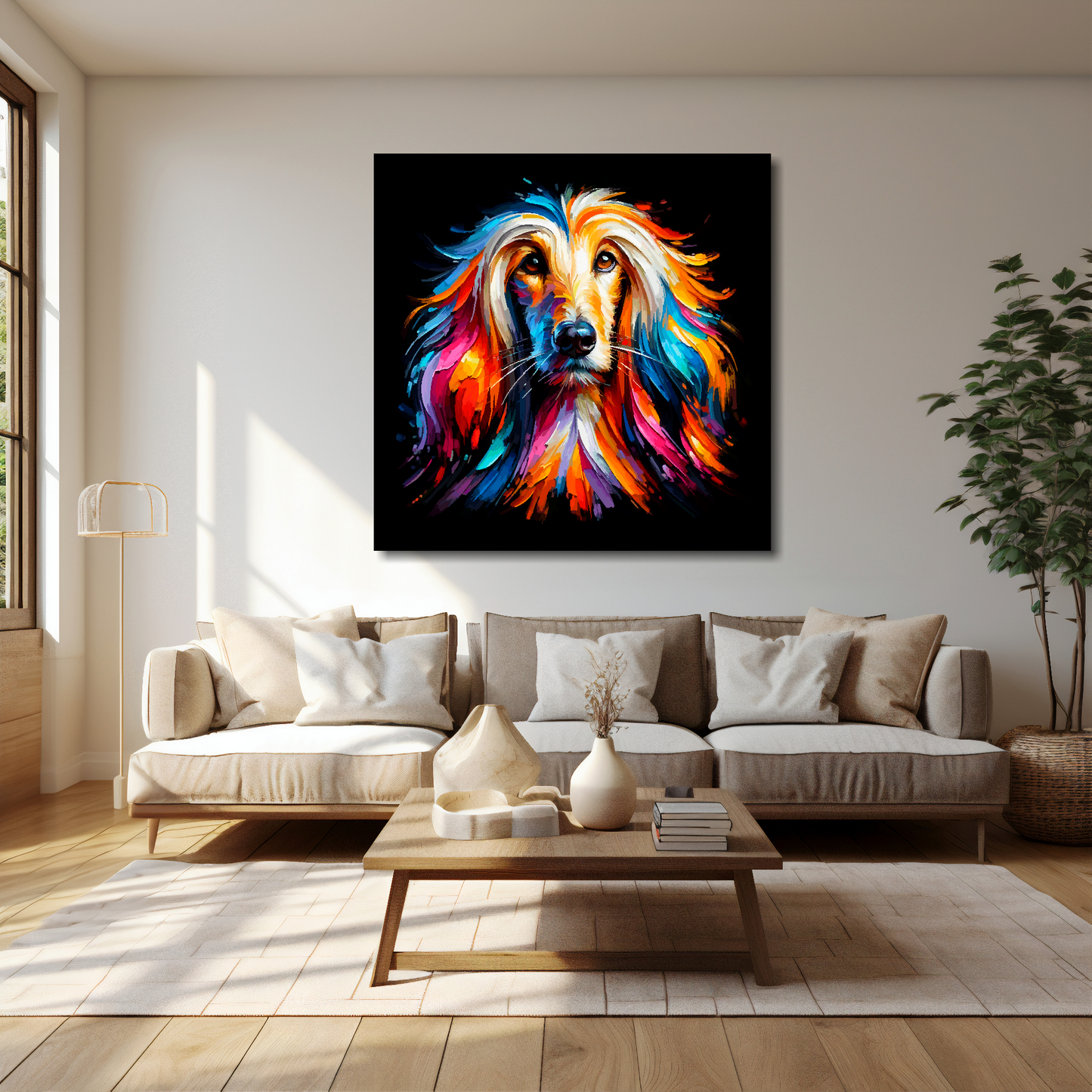 40 inch by 40 inch canvas of a colourful Afghan Hound head portrait on a black background. Mounted on a cream wall above a cream sofa with decorative pillows.