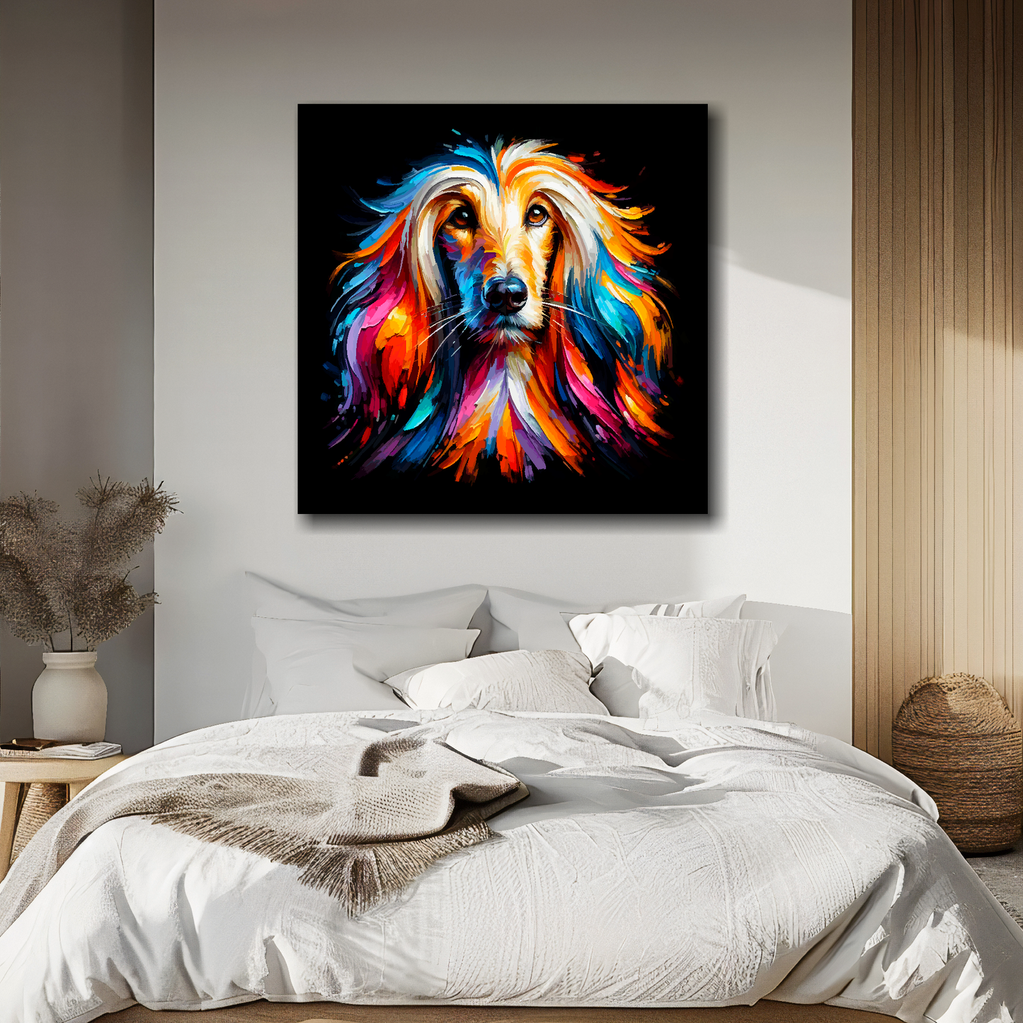 Square canvas of a colourful Afghan Hound head portrait on a black background. Mounted on a white wall above a double bed.
