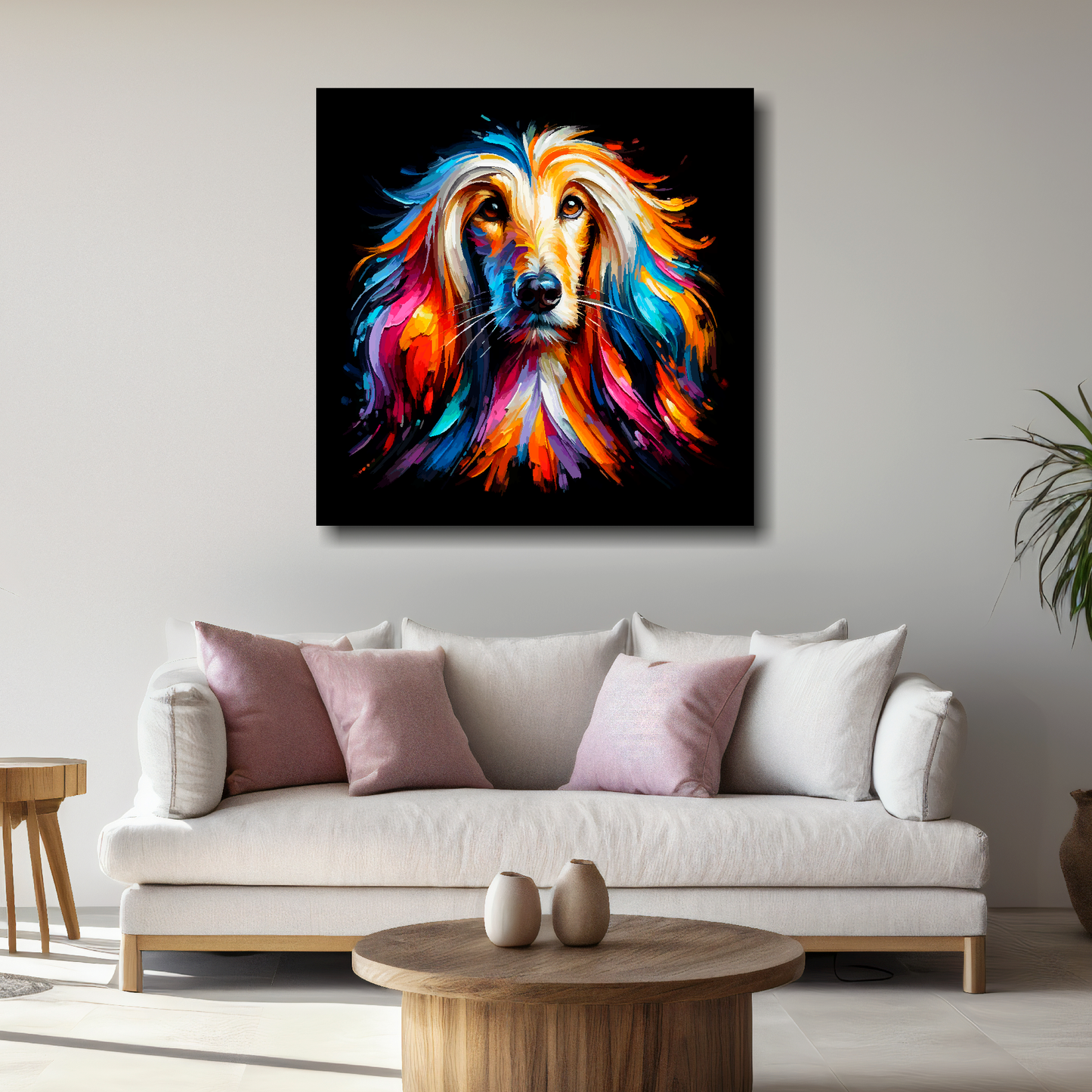 Large square canvas of a colourful Afghan Hound head portrait on a black background. Mounted on a white wall above a white sofa with decorative pillows.