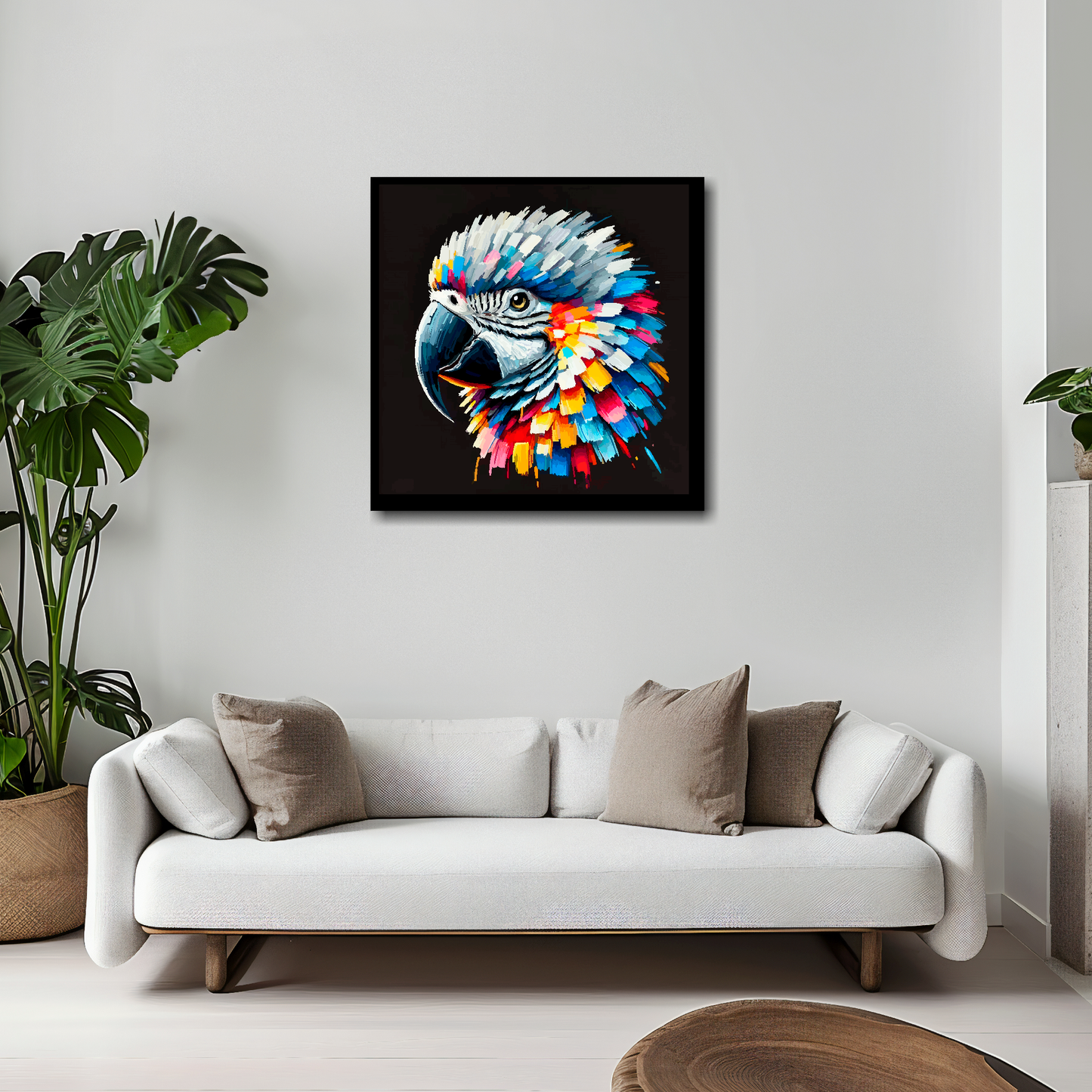 20 inch by 20 inch square canvas of a colourful African Grey Parrot portrait on a black background. Mounted on a white wall above a white sofa with decorative pillows.