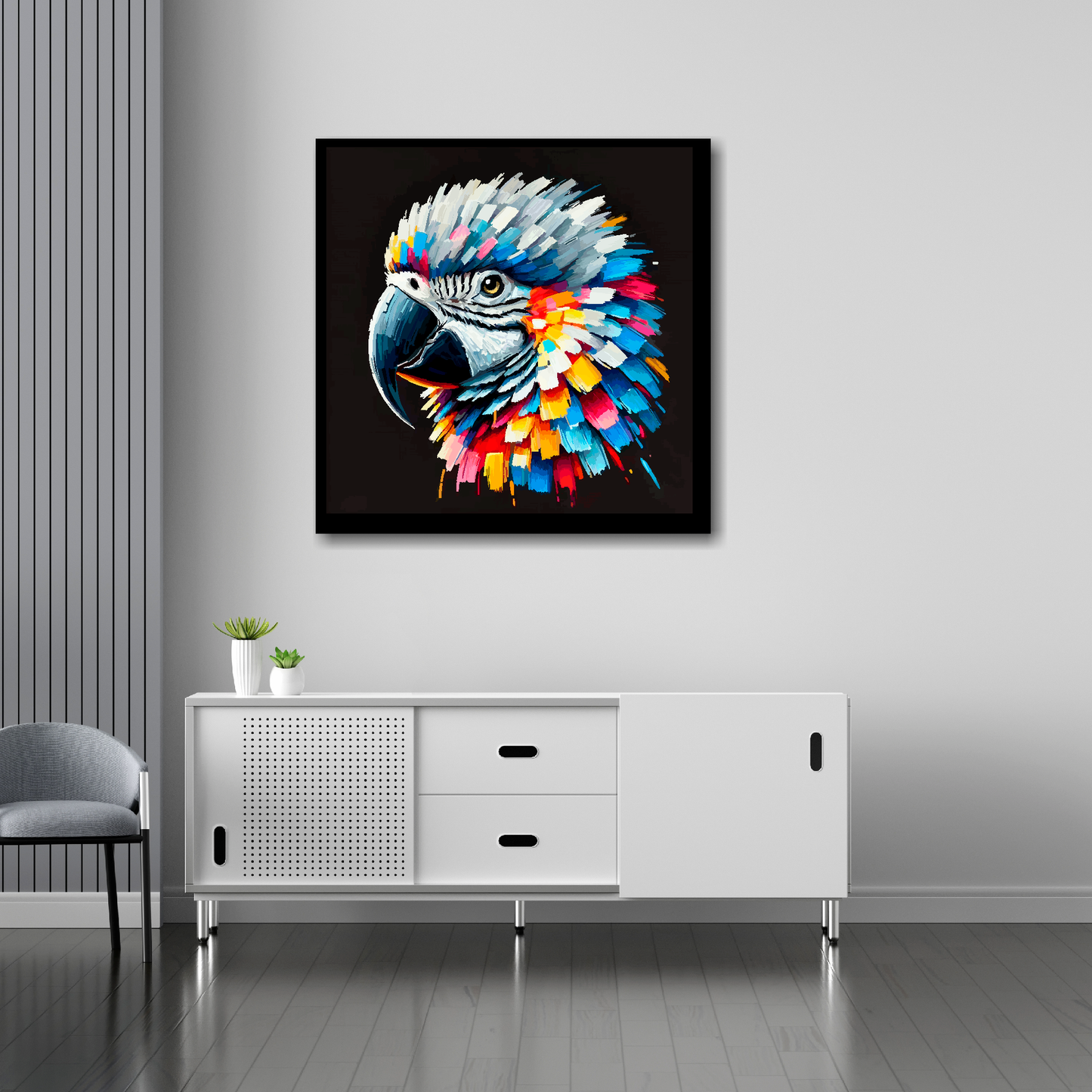 30 inch by 30 inch square canvas of a colourful African Grey Parrot portrait on a black background. Mounted on a white wall above a white sideboard.