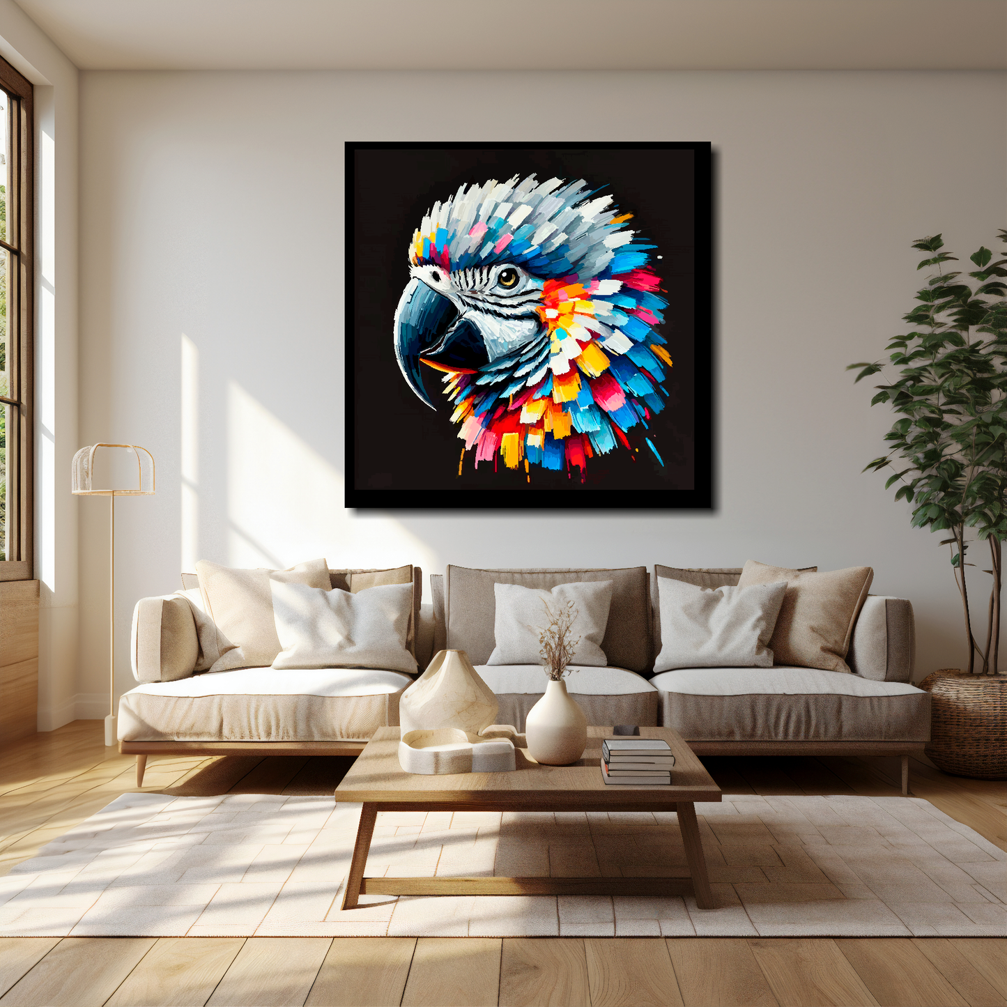 40 inch by 40 inch square canvas of a colourful African Grey Parrot portrait on a black background. Mounted on a white wall above a cream sofa with decorative pillows.