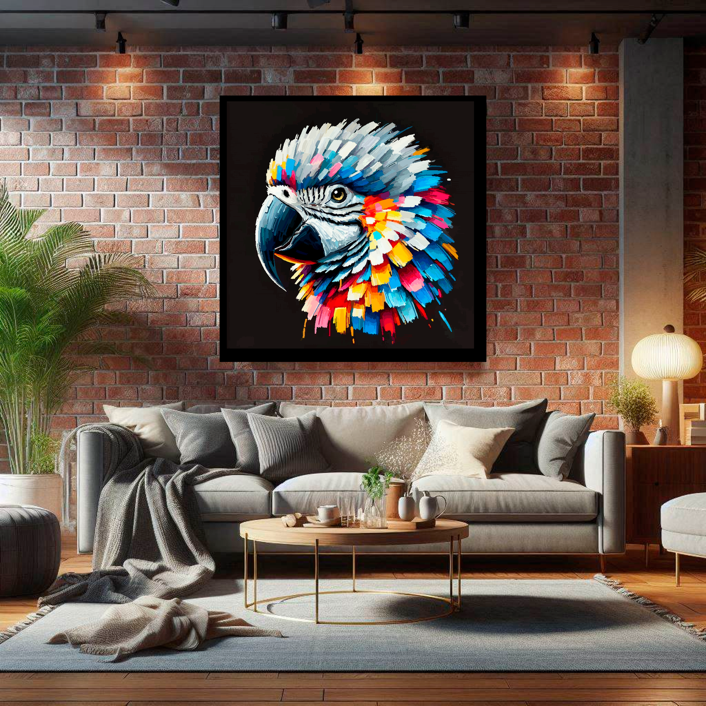 Large canvas wall art - A vibrant multi-coloured head portrait of a African Grey Parrot. Available in 3 large sizes.