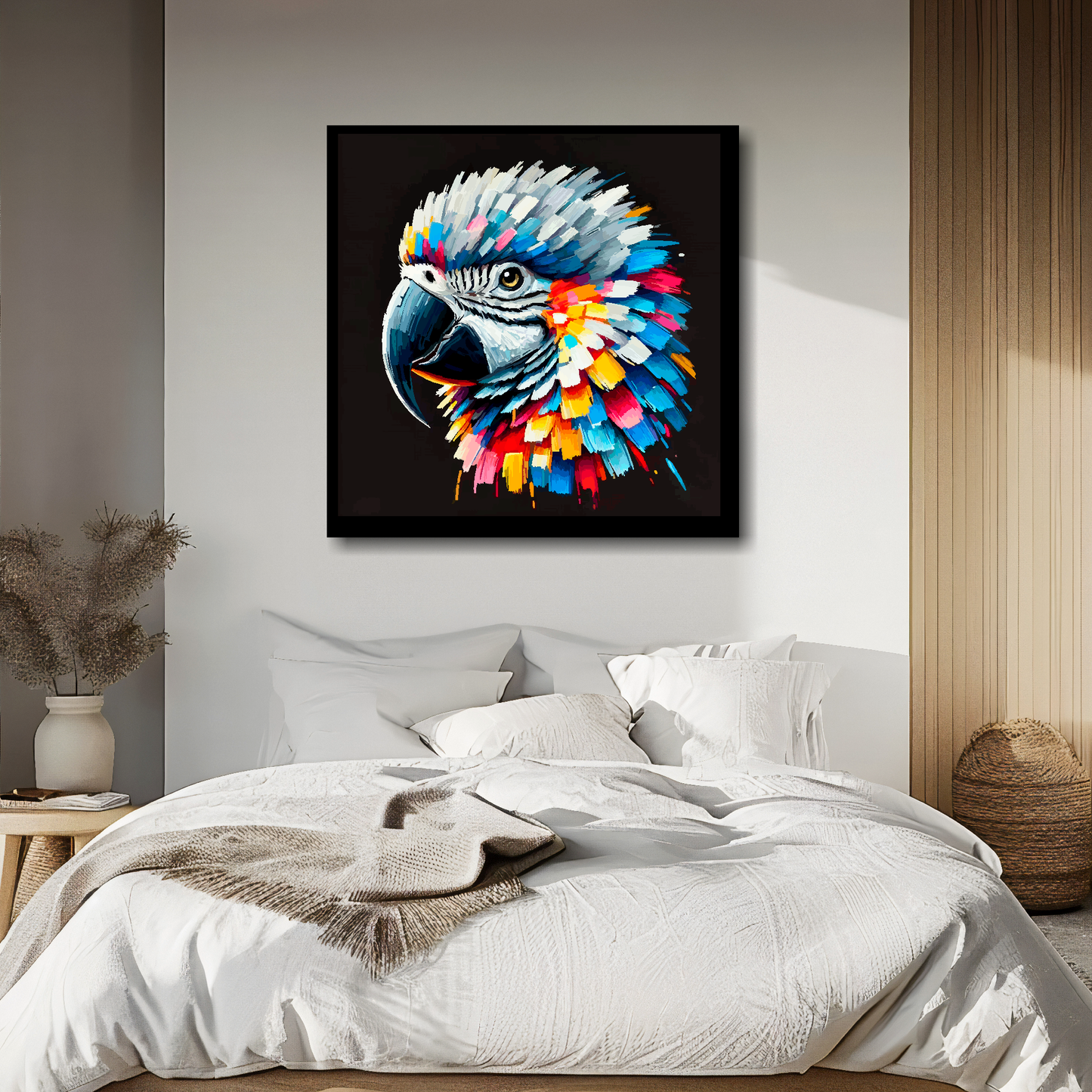 Large canvas wall art - A vibrant multi-coloured head portrait of a African Grey Parrot. Available in 3 large sizes.