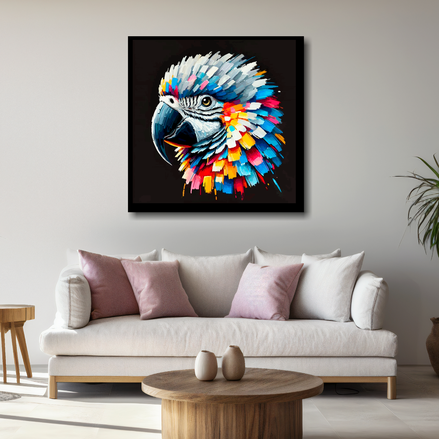 Large canvas wall art - A vibrant multi-coloured head portrait of a African Grey Parrot. Available in 3 large sizes.