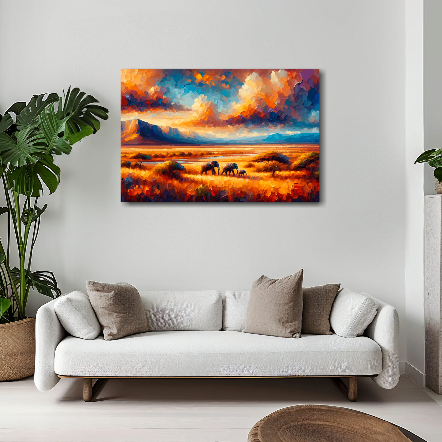 30 inch by 20 inch abstract canvas print of an African Plains landscape. Mounted on a white wall above a white sofa with decorative pillows.