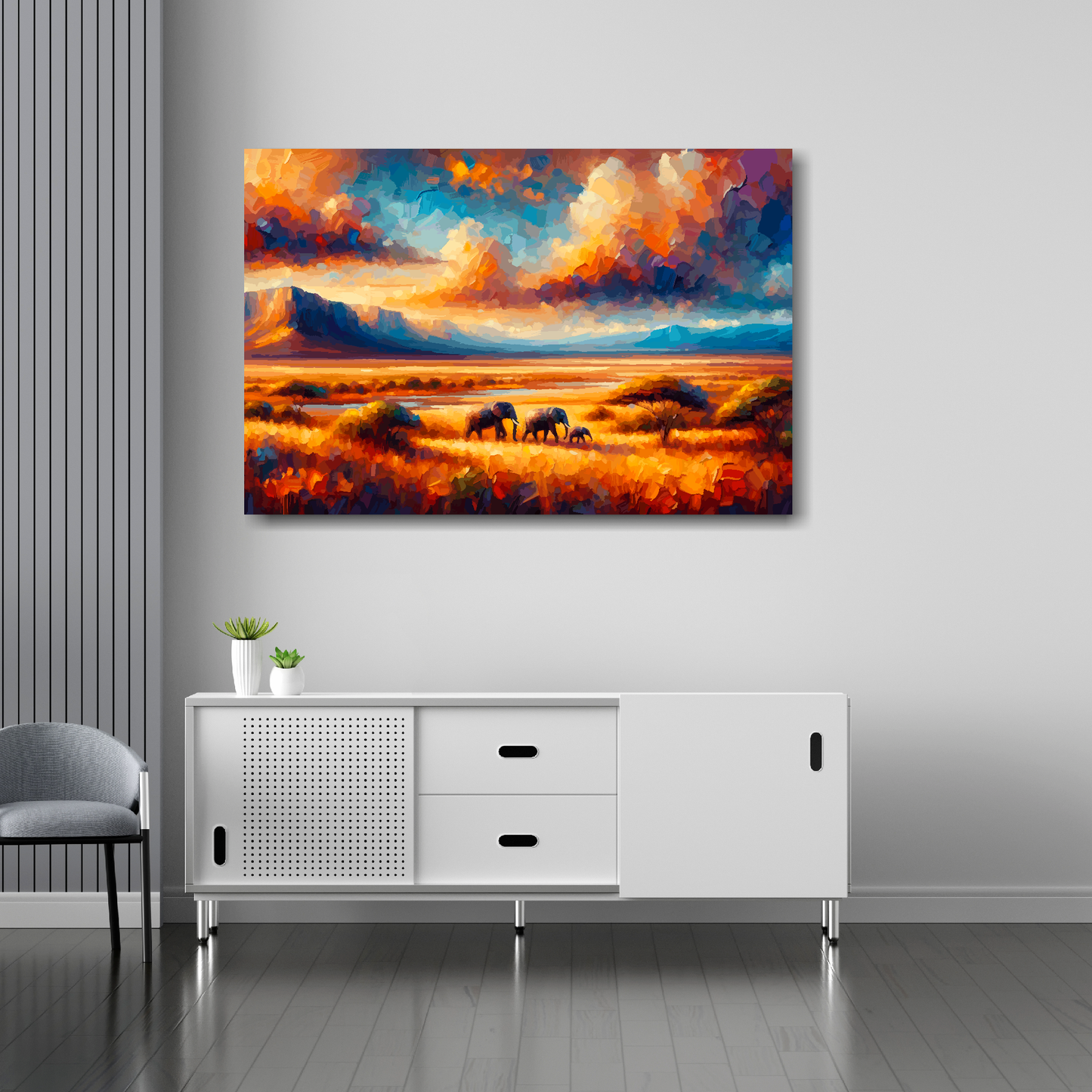 36 inch by 24 inch abstract canvas print of an African Plains landscape. Mounted on a white wall above a white sideboard.