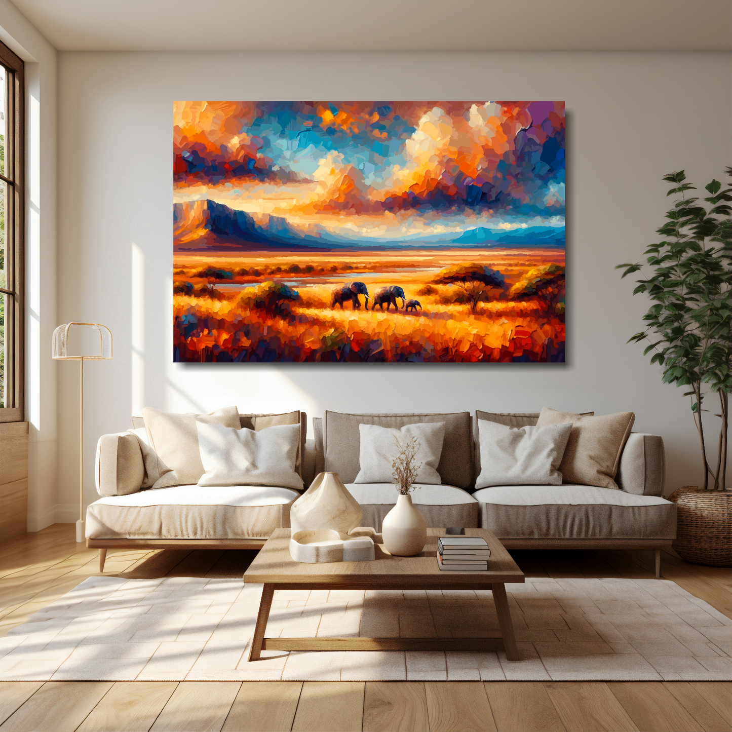 60 inch by 40 inch abstract canvas print of an African Plains landscape. Mounted on a cream wall above a cream sofa with decorative pillows.