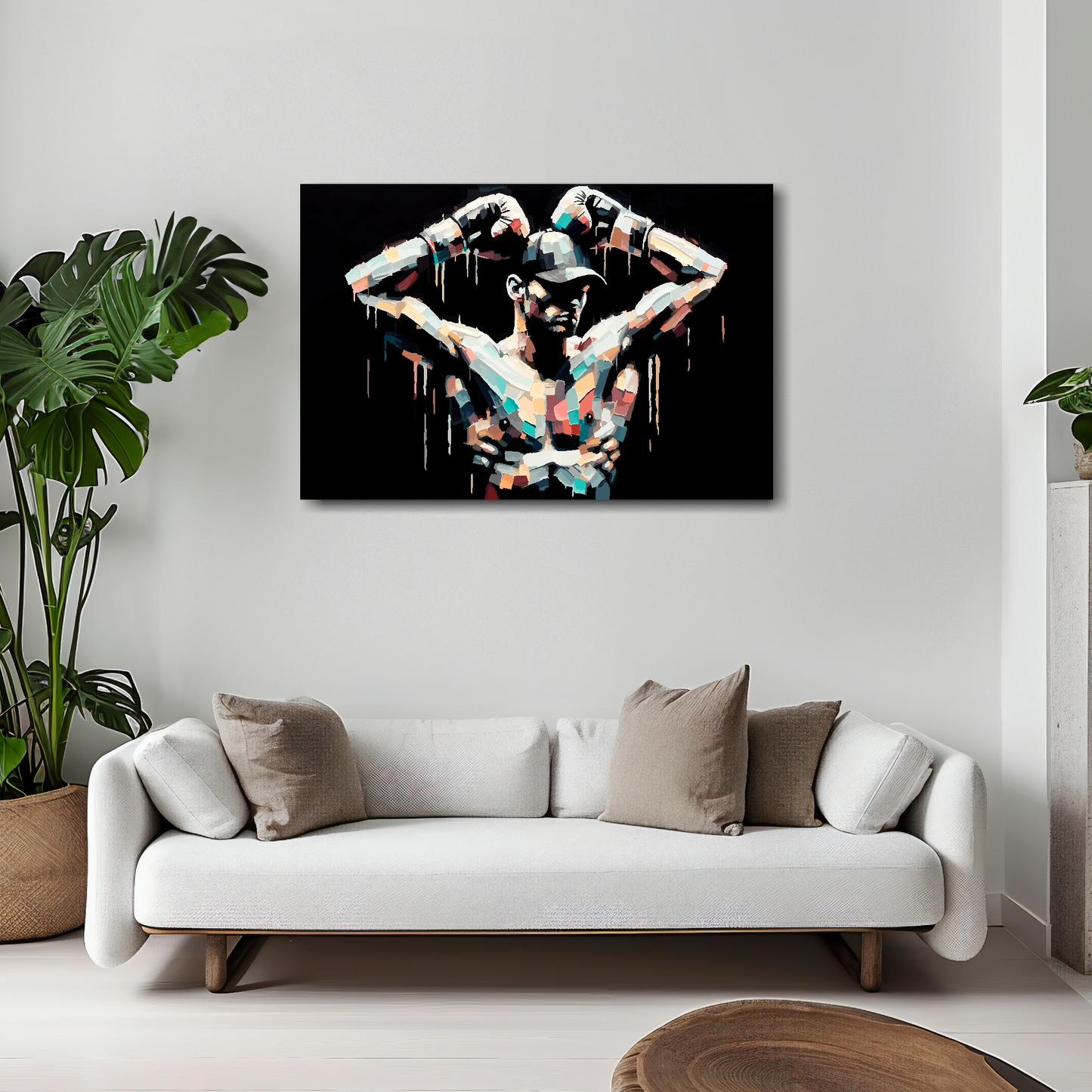 30 inch by 20 inch abstract canvas print of a colourful boxer. Mounted on a white wall above a white sofa with decorative pillows.