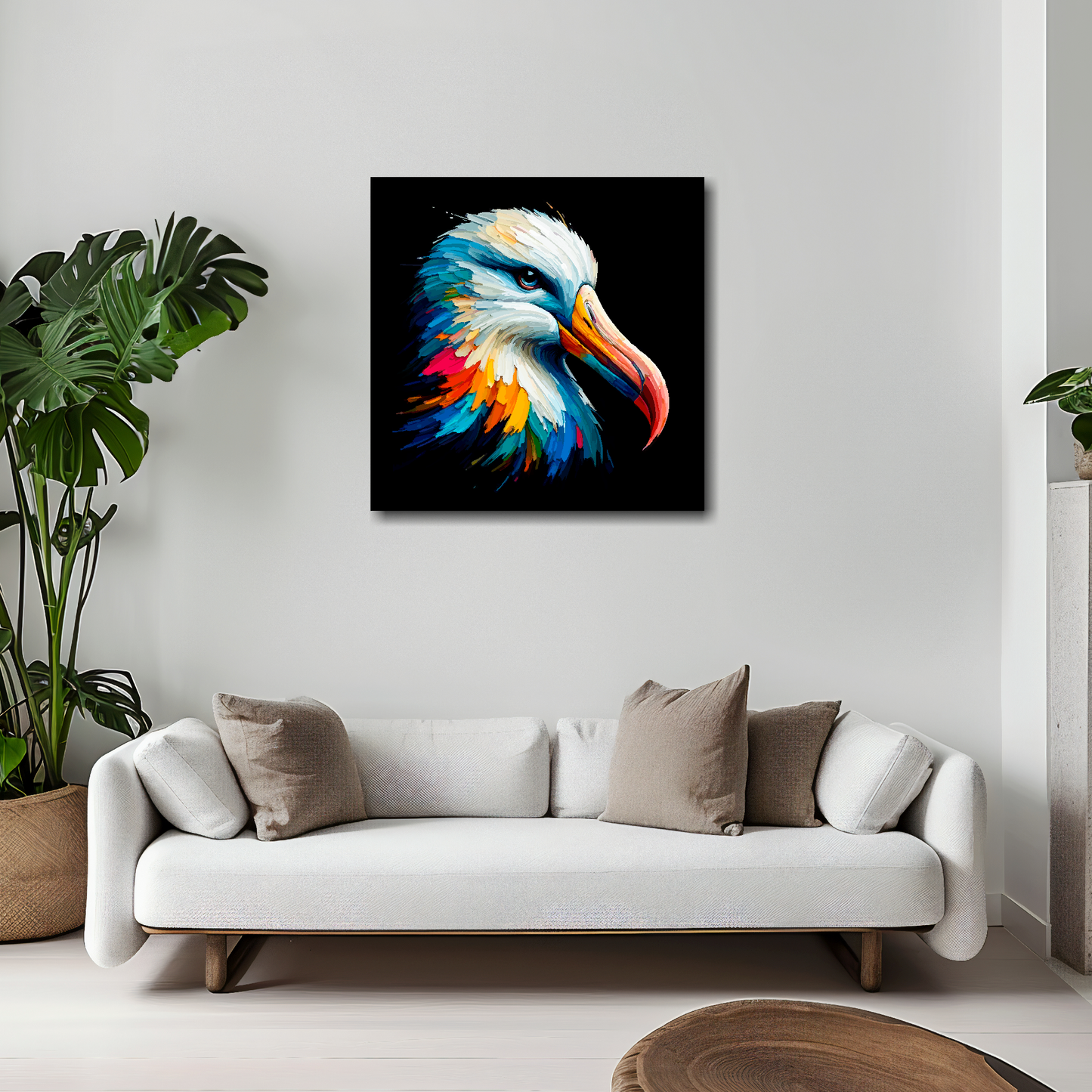 20 inch by 20 inch square canvas of a colourful Albatross portrait on a black background. Mounted on a white wall above a white sofa with decorative pillows.