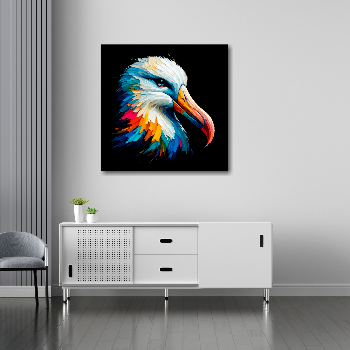 30 inch by 30 inch square canvas of a colourful Albatross portrait on a black background. Mounted on a white wall above a white sideboard.