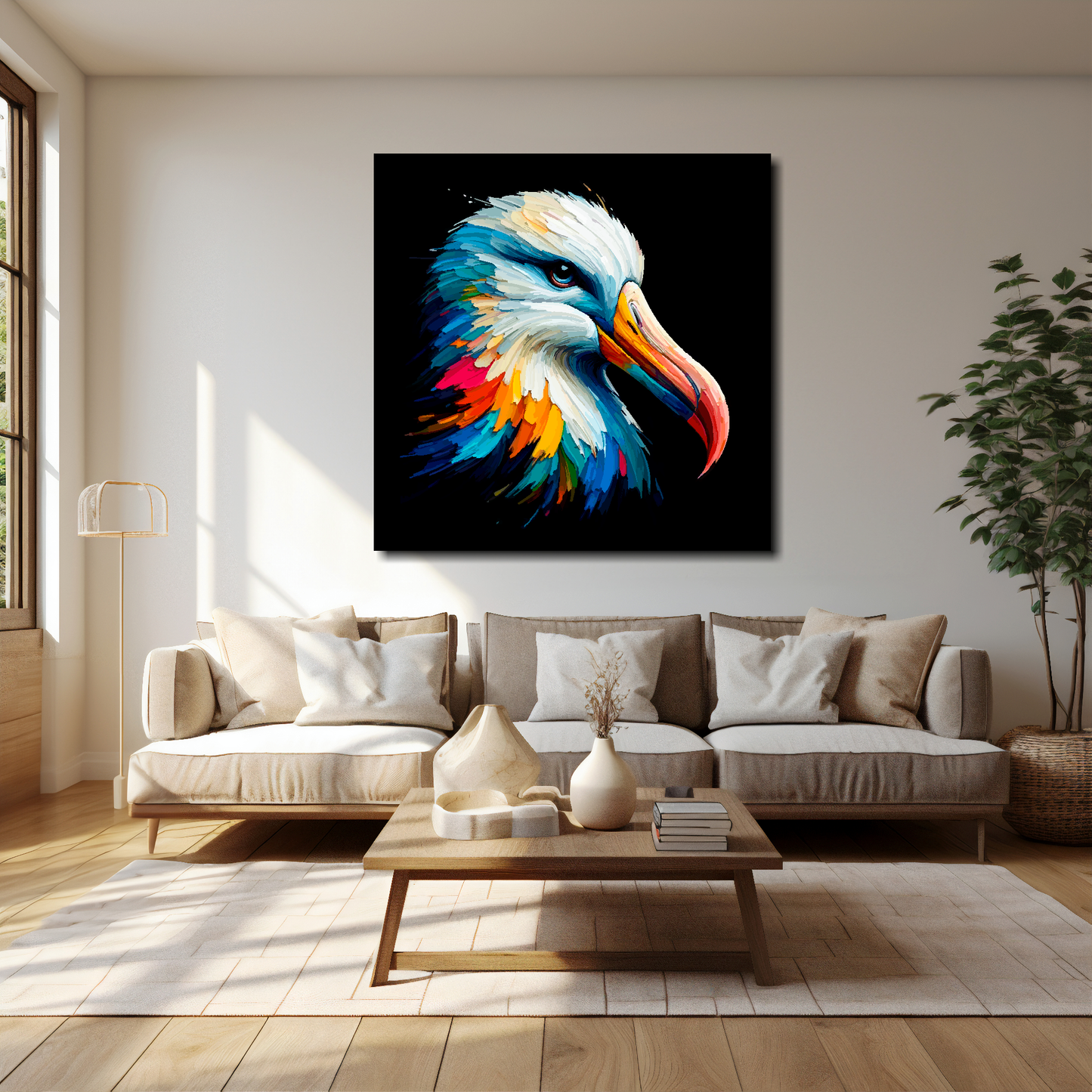 40 inch by 40 inch square canvas of a colourful Albatross portrait on a black background. Mounted on a white wall above a cream sofa with decorative pillows.