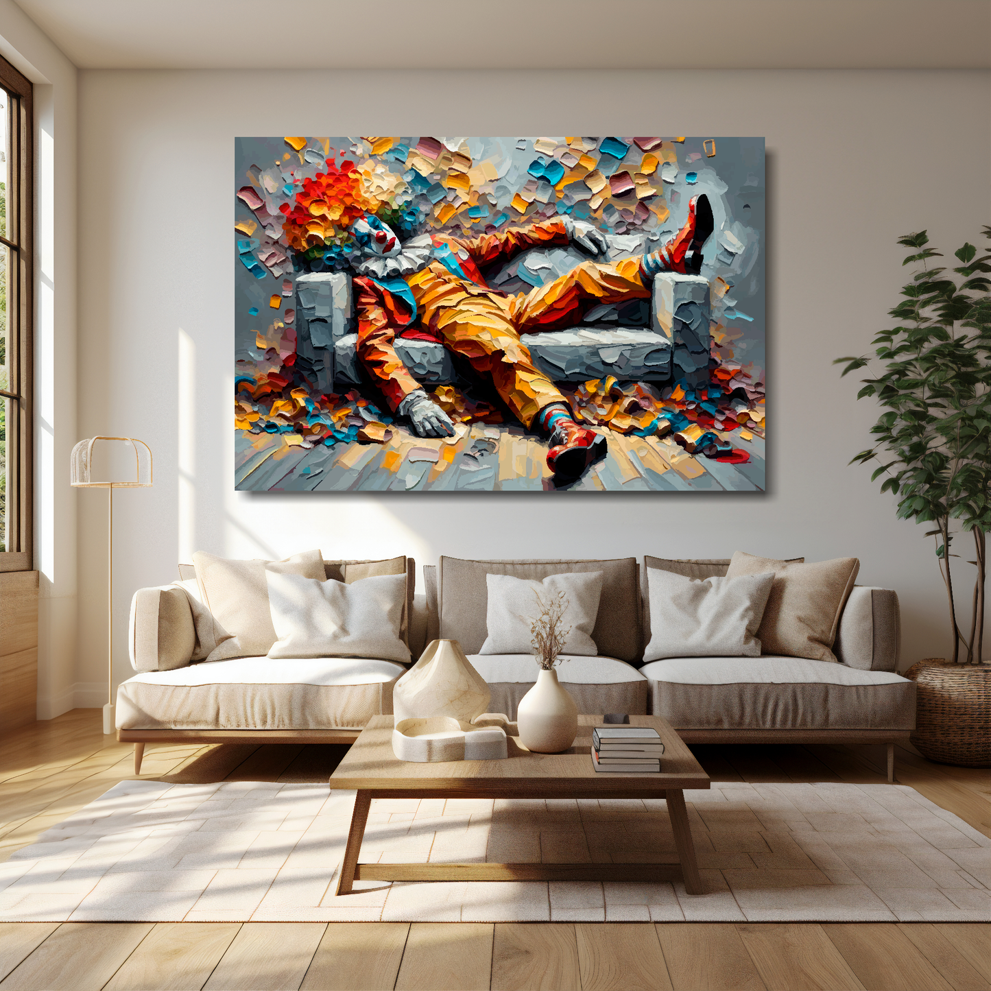 60 inch by 40 inch abstract canvas print of a colourful clown laying on a sofa. Mounted on a cream wall above a cream sofa with decorative pillows.