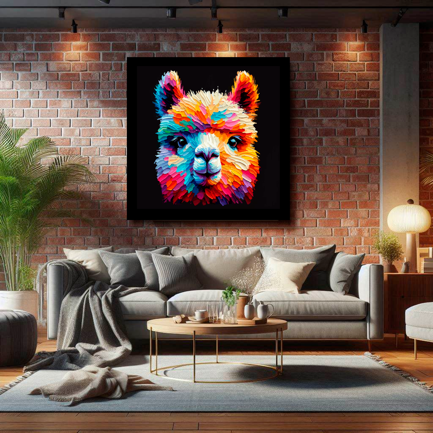 Large canvas wall art - Colourful Alpaca portrait on a black background. Available in 3 large sizes.