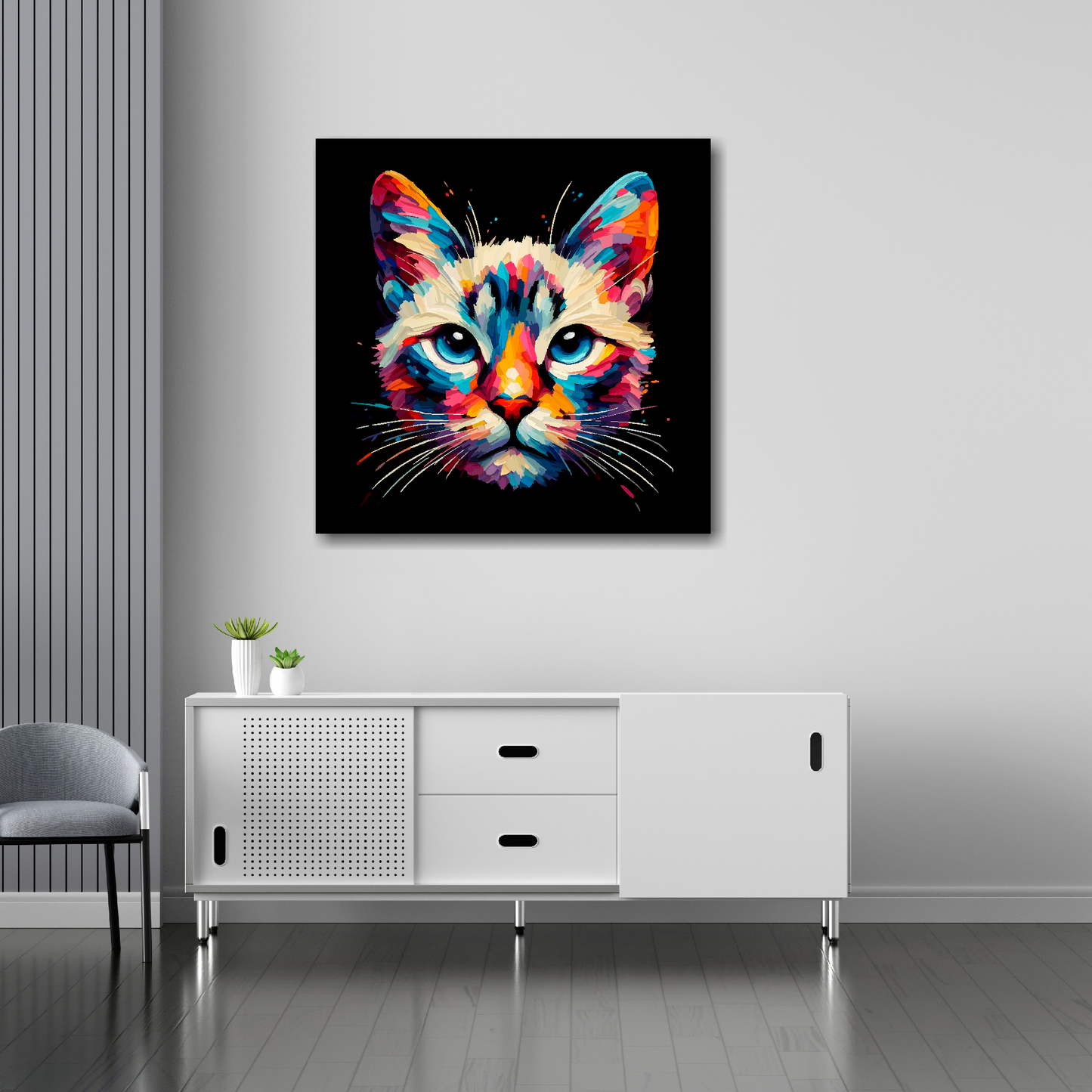 30 inch by 30 inch square canvas of a colourful Asian cat head portrait on a black background. Mounted on a white wall above a white sideboard.