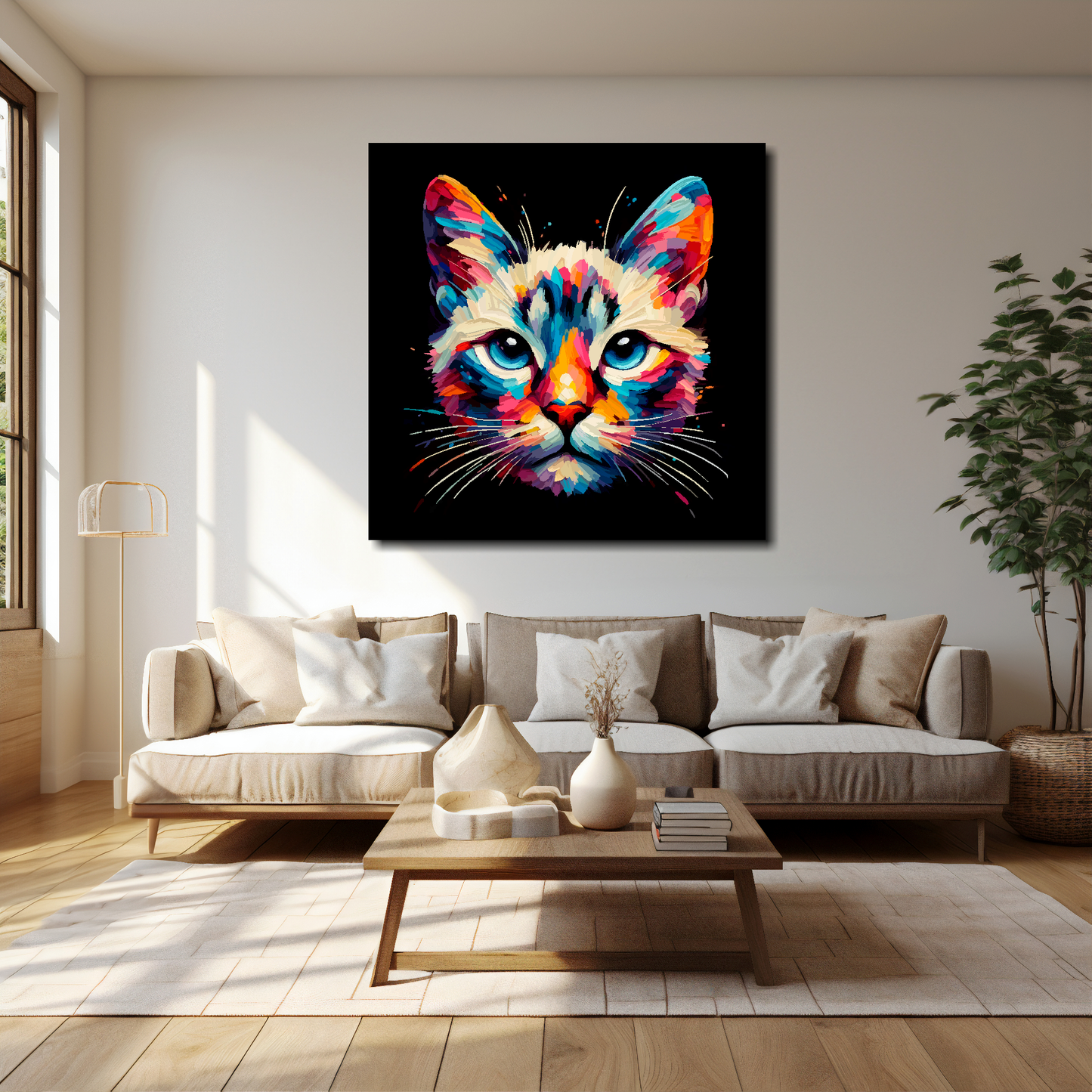 40 inch by 40 inch square canvas of a colourful Asian cat head portrait on a black background. Mounted on a white wall above a cream sofa with decorative pillows.