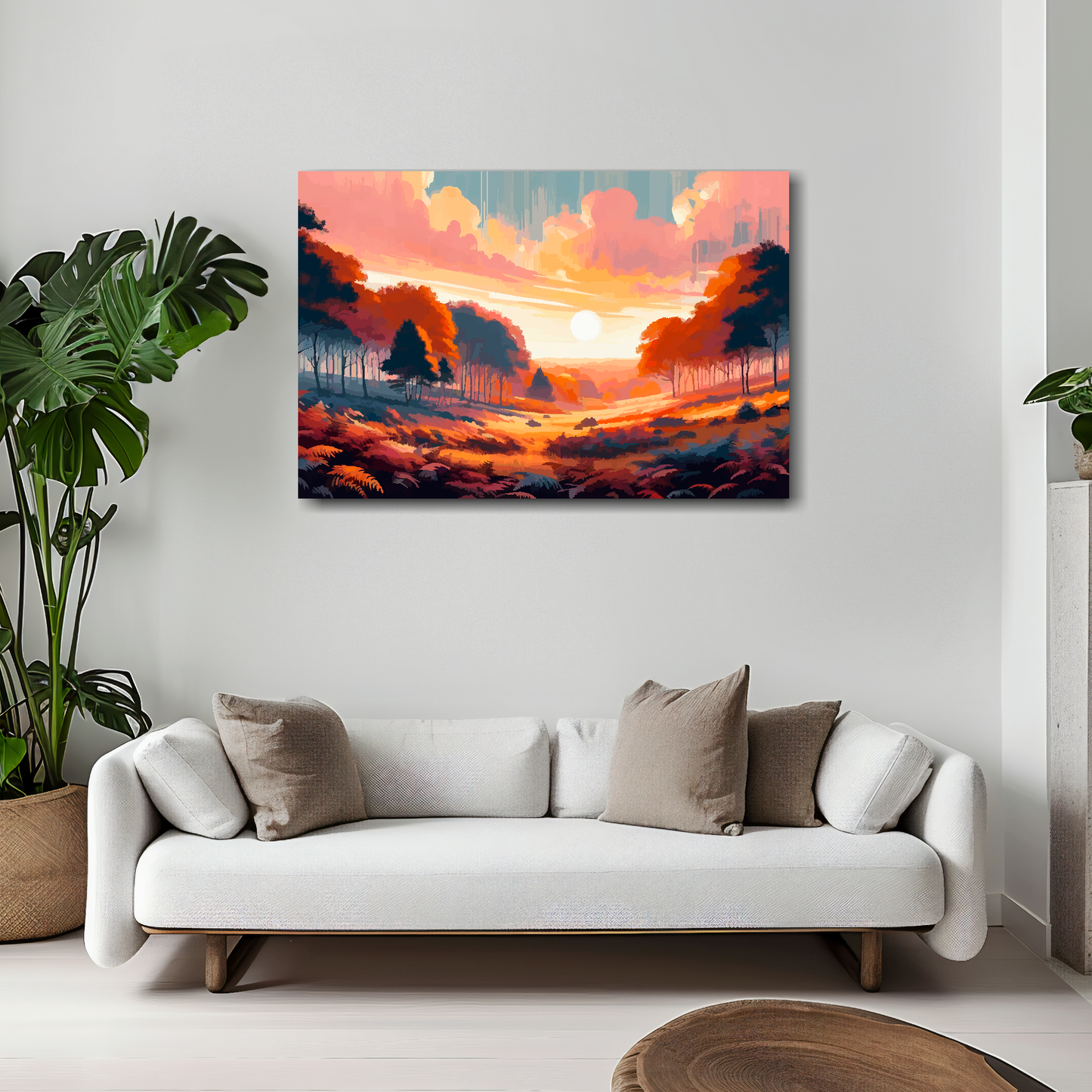 30 inch by 20 inch abstract canvas print of a surreal Autumn forest. Mounted on a white wall above a white sofa with decorative pillows.