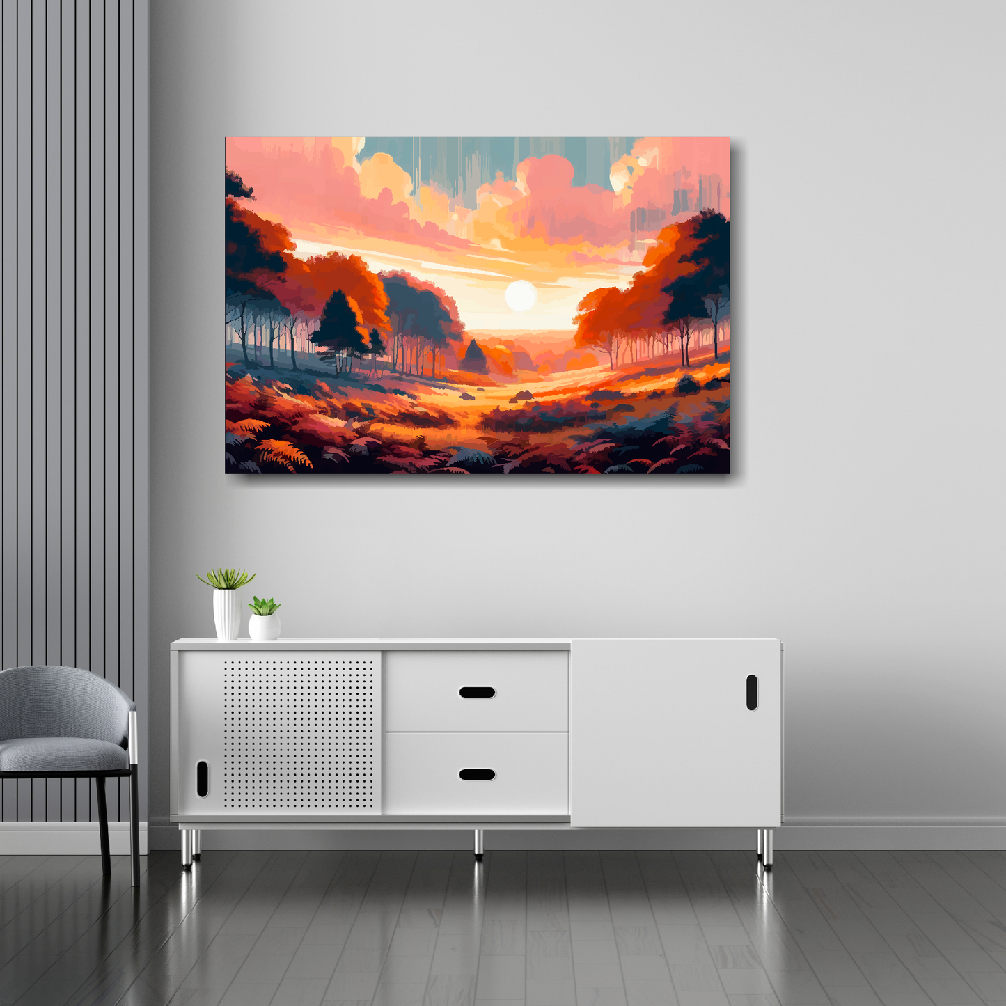 36 inch by 24 inch abstract canvas print of a surreal Autumn forest. Mounted on a white wall above a white sideboard.