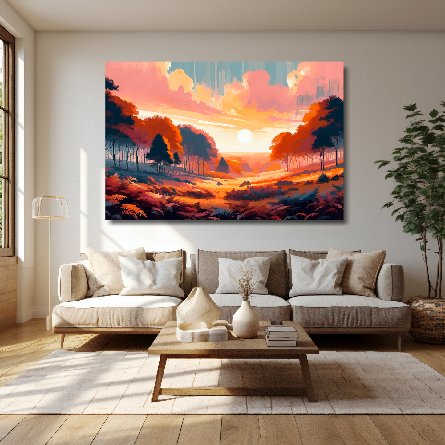 60 inch by 40 inch abstract canvas print of a surreal Autumn forest. Mounted on a cream wall above a cream sofa with decorative pillows.
