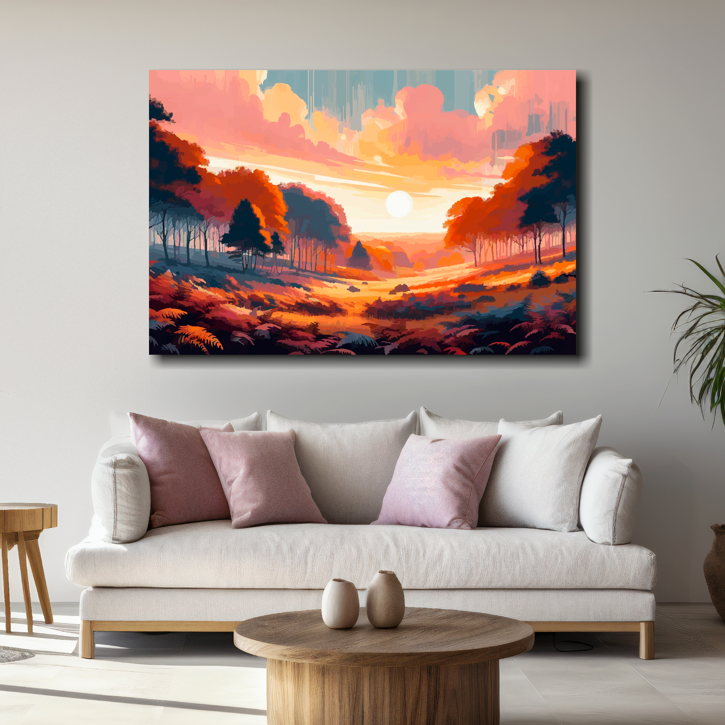 Surreal landscape painting above a white sofa with pink and gray cushions in a living room.