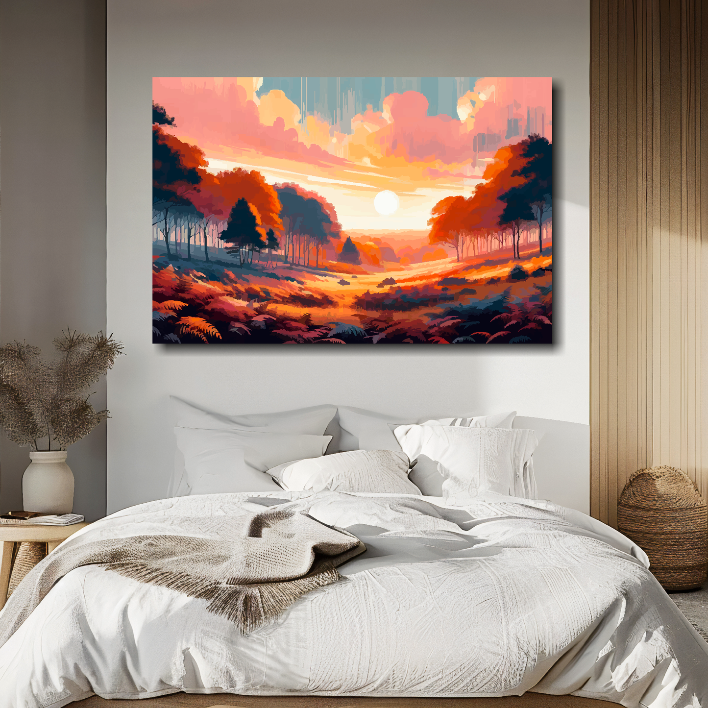 Painting of a sunset over a forest above a bed in a bedroom.