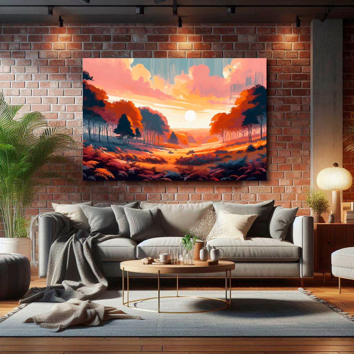 Living room with a gray sofa, coffee table, and a large painting of a sunset over a field on a brick wall.