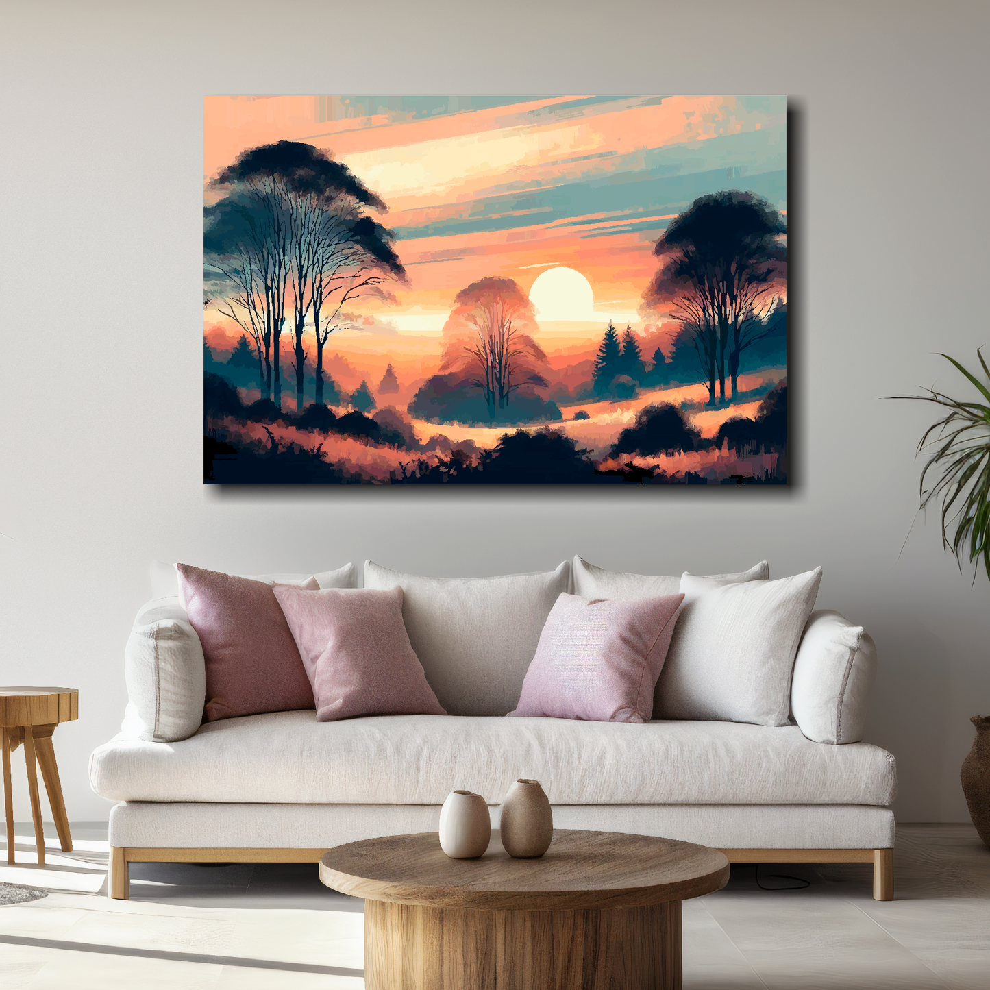 Sofa with decorative pillows and a table in a living room with a sunset landscape painting on the wall.