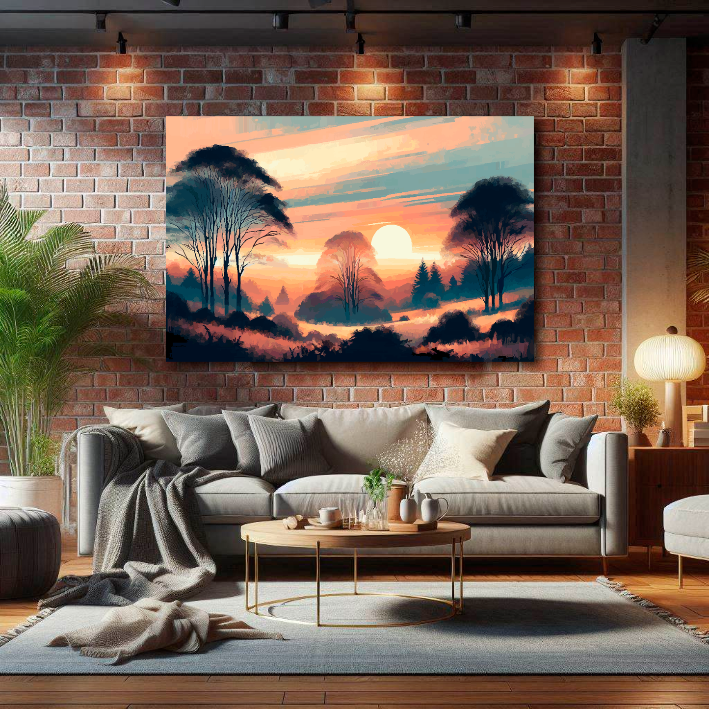 Living room with a gray sofa, coffee table, and wall art of a sunset landscape.