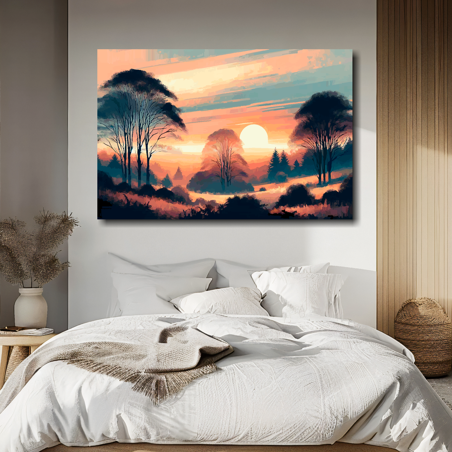 Painting of a sunset over trees above a bed in a bedroom