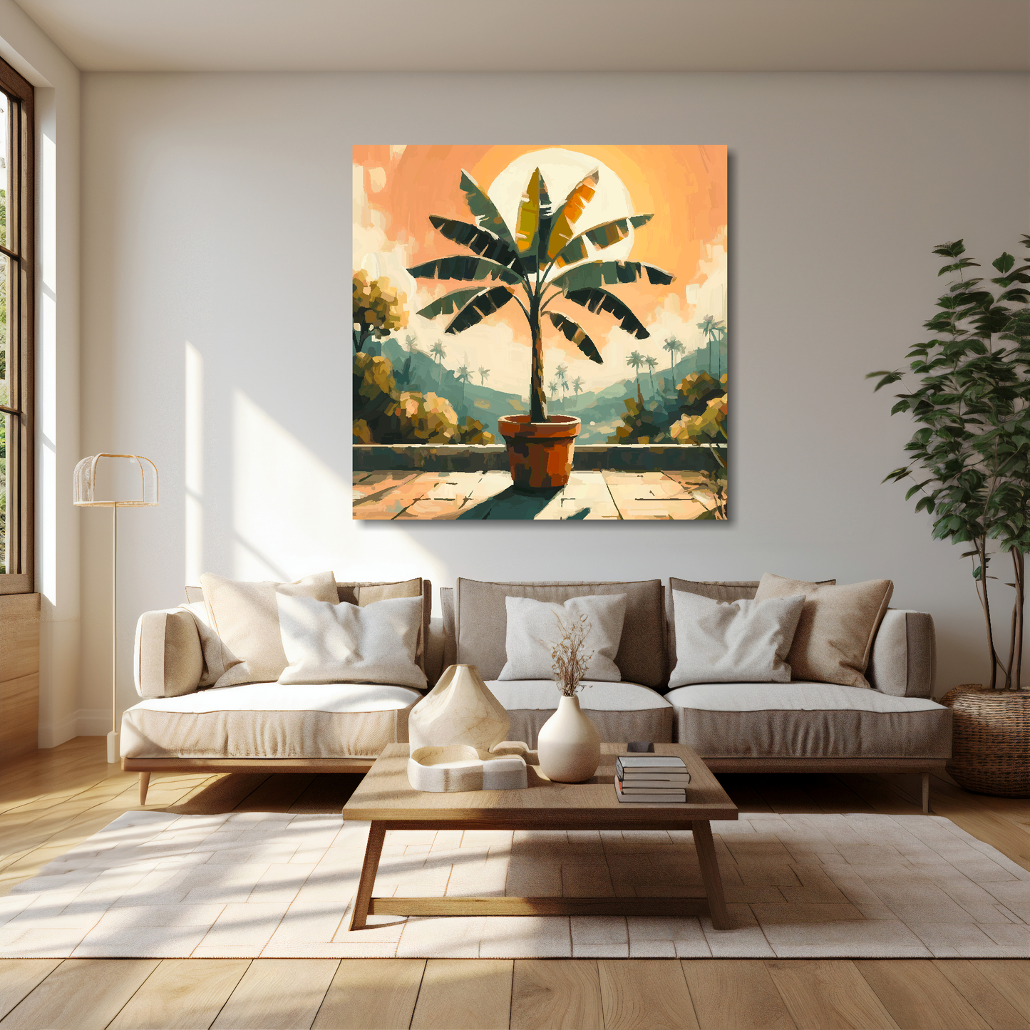 40 inch by 40 inch square canvas featuring a Banana Tree. Mounted on a cream wall above a cream sofa with decorative pillows.