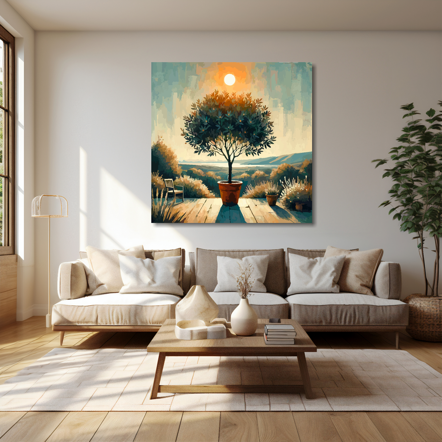 40 inch by 40 inch square canvas featuring a Bay Tree. Mounted on a cream wall above a cream sofa with decorative pillows.