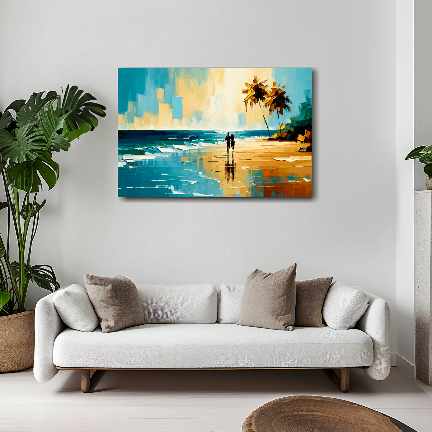 30 inch by 20 inch abstract canvas print of a couple walking on an deserted beach. Mounted on a white wall above a white sofa with decorative pillows.