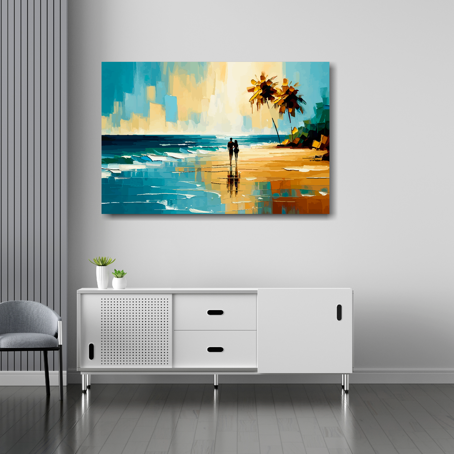 36 inch by 24 inch abstract canvas print of a couple walking on an deserted beach. Mounted on a white wall above a white sideboard.