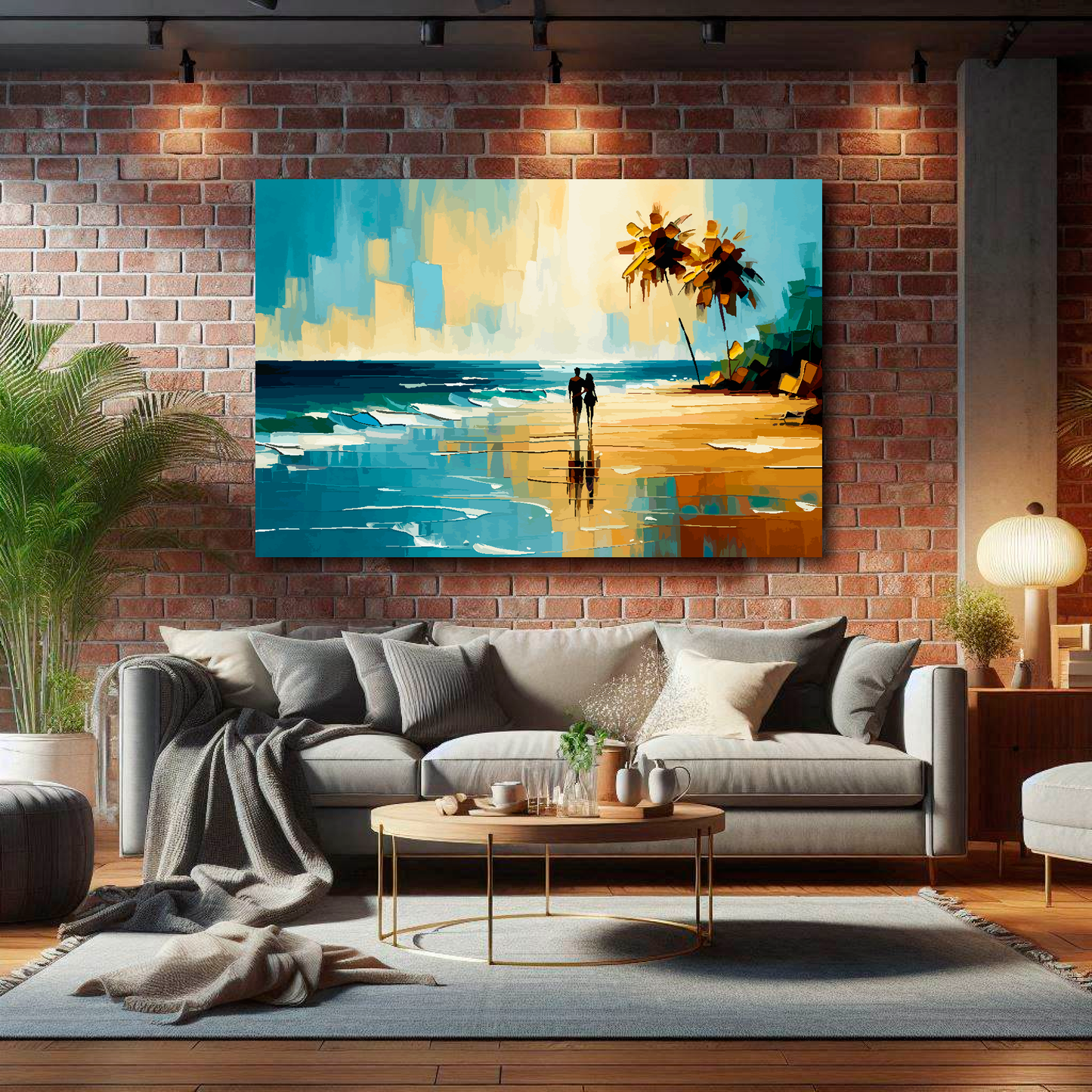 Living room with a gray sofa, coffee table, and a large wall art of a beach scene.