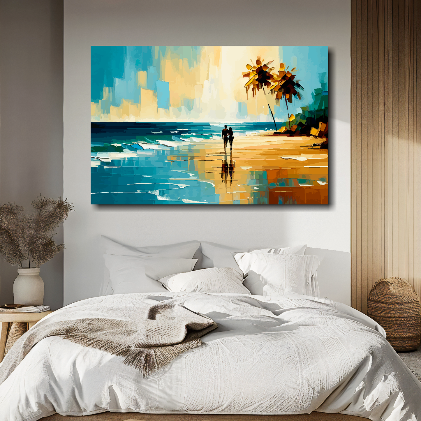 Painting of a beach scene with palm trees and a couple on the beach. on a wall above a bed.