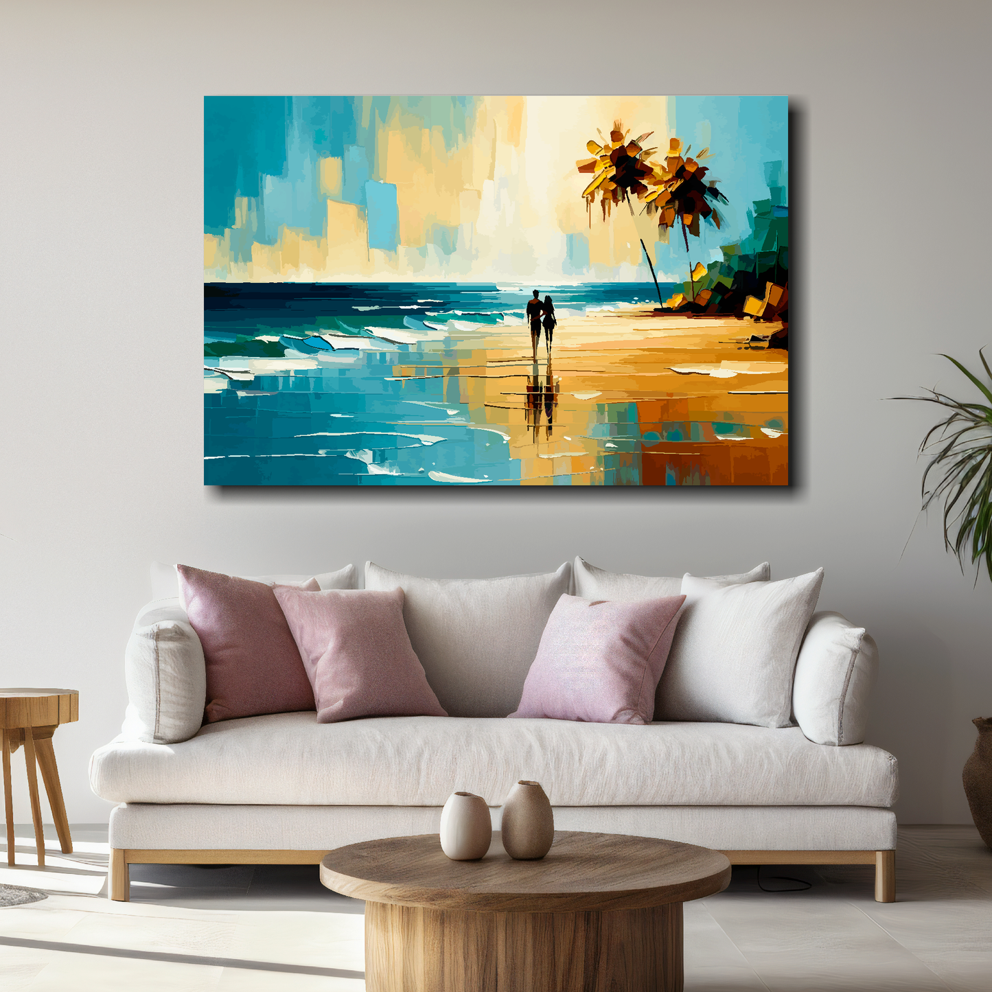 Living room with a large abstract painting of a beach scene above a white sofa.