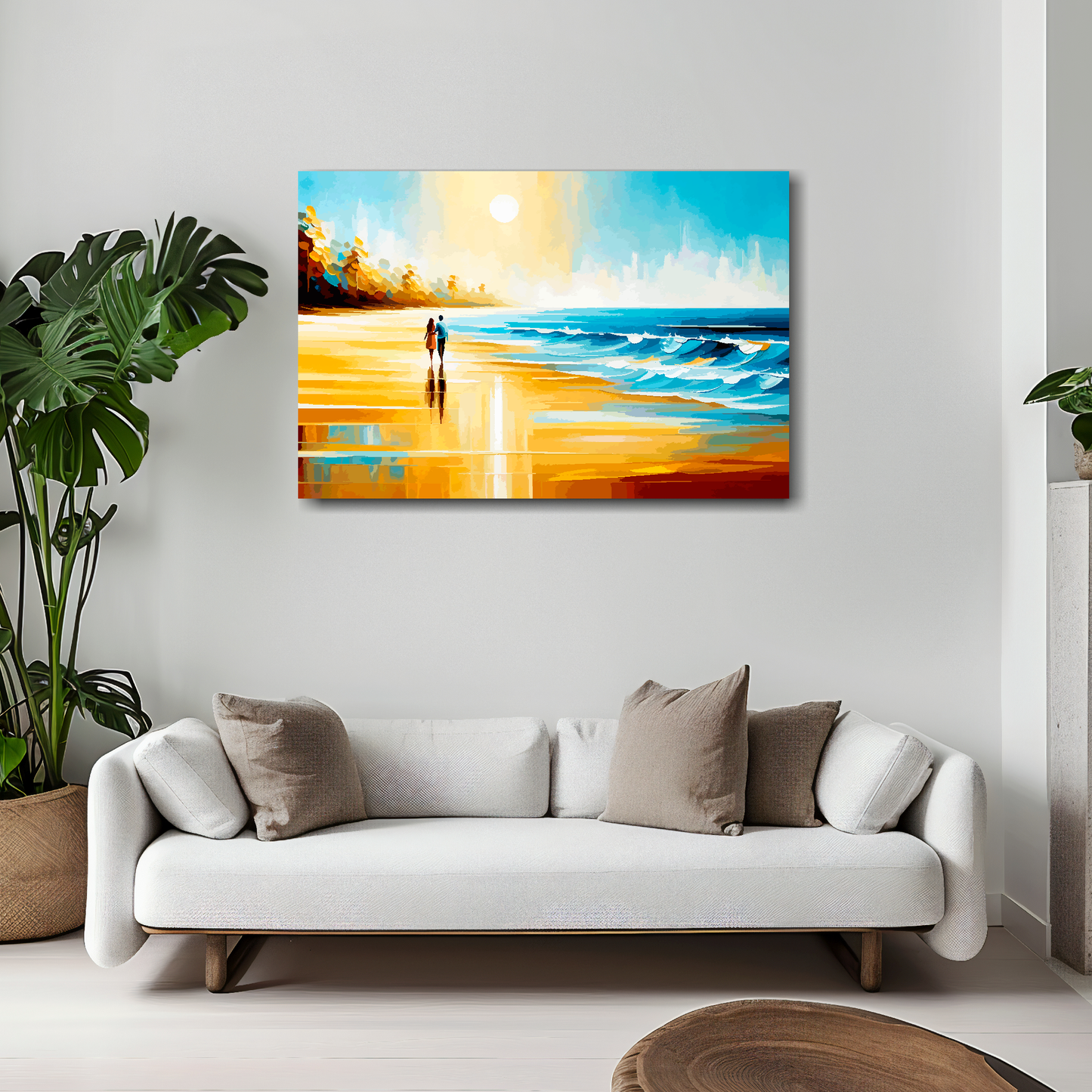 30 inch by 20 inch abstract canvas print of a deserted beach landscape. Mounted on a white wall above a white sofa with decorative pillows.